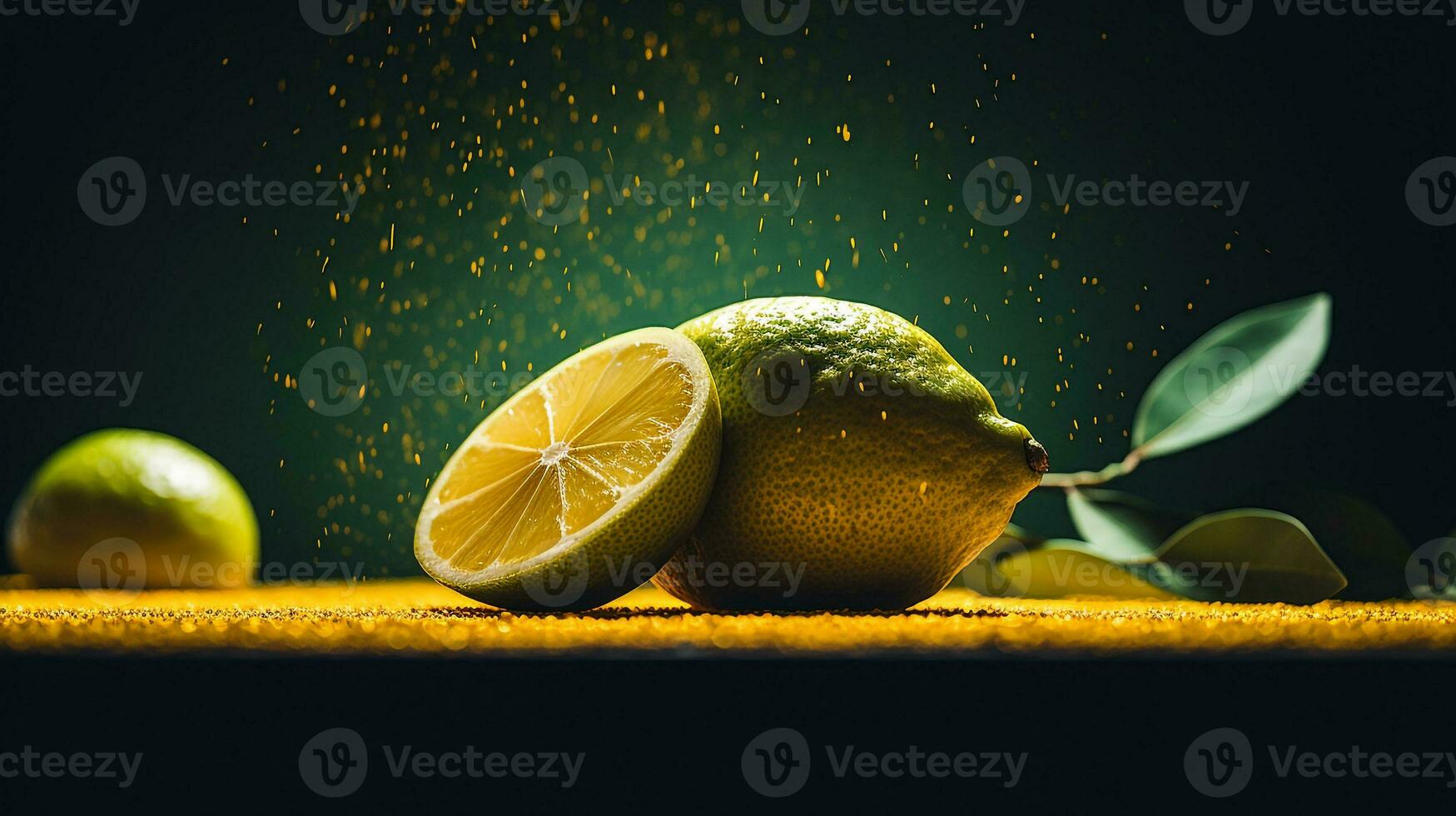 Photo of Yuzu fruit half against a colorful abstract background. Generative AI