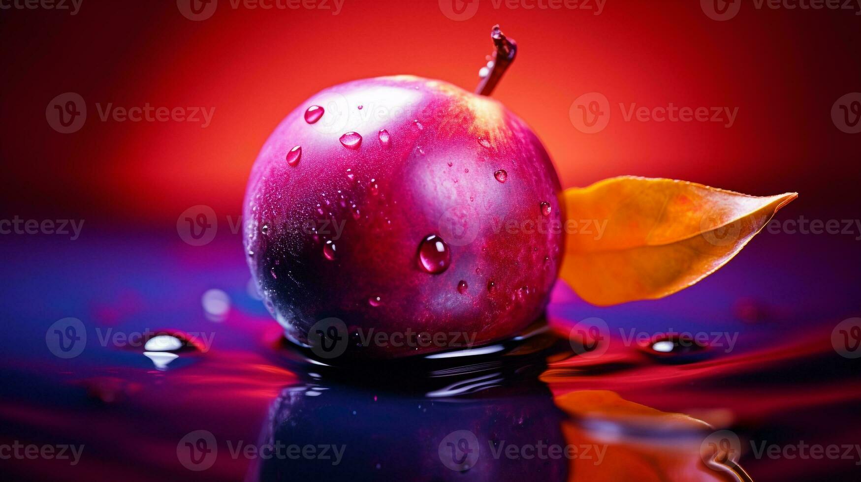 Photo of Plum fruit half against a colorful abstract background. Generative AI