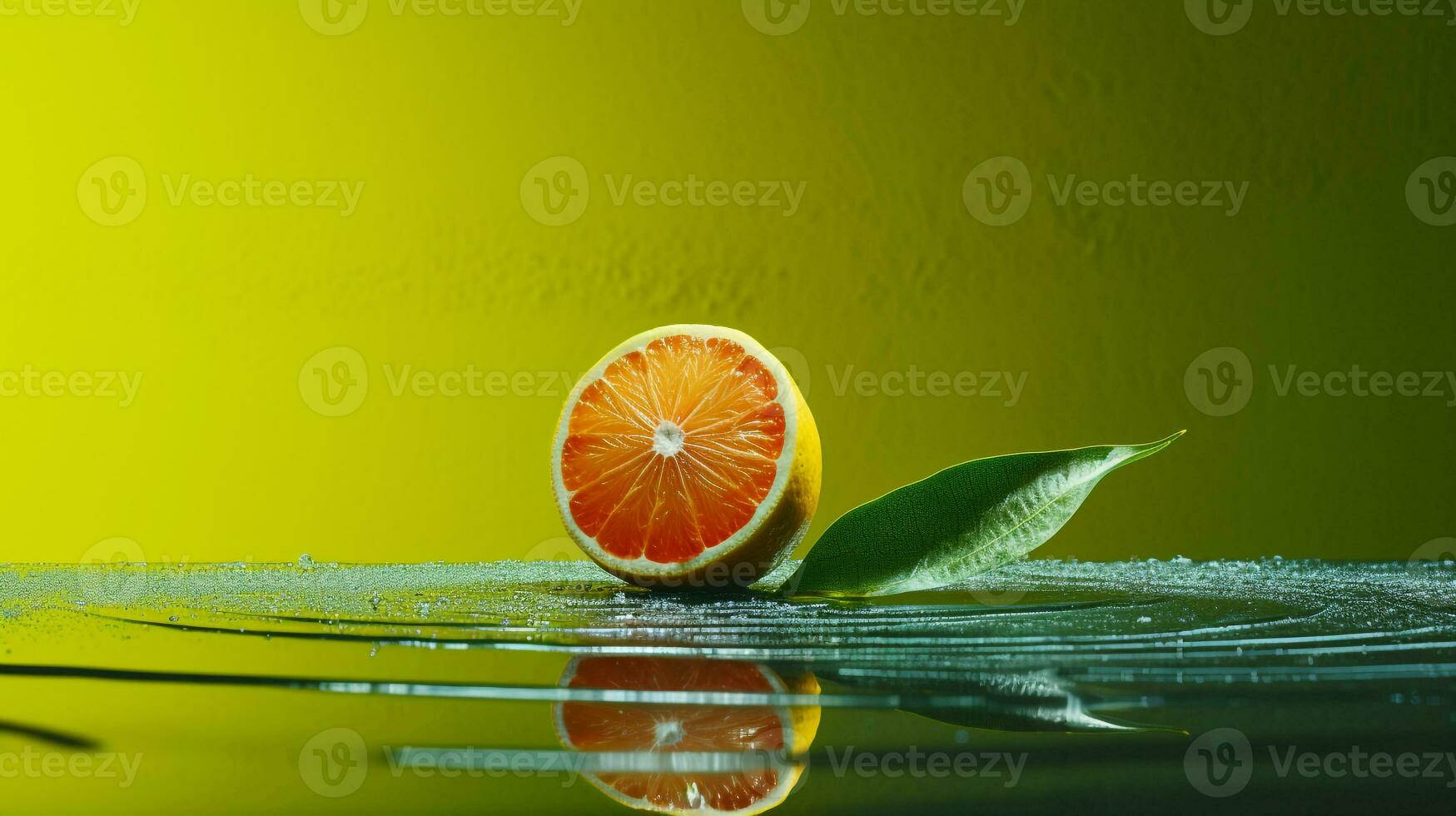 Photo of Yuzu fruit half against a colorful abstract background. Generative AI