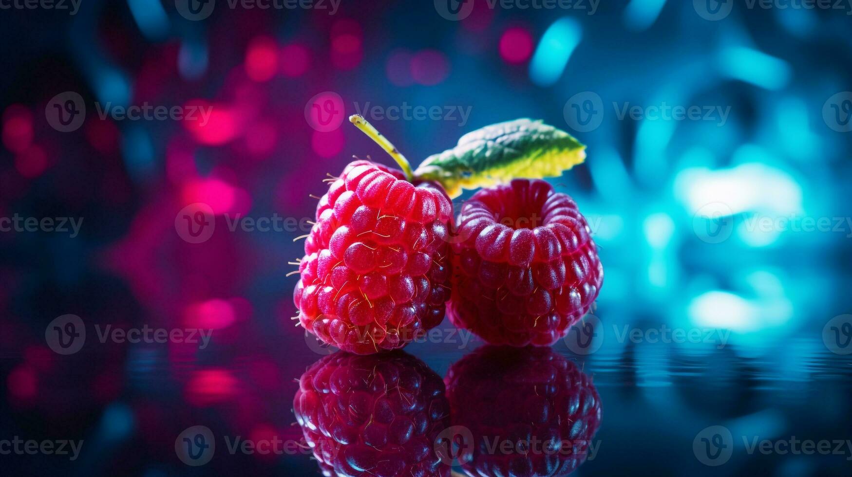 Photo of Raspberry fruit half against a colorful abstract background. Generative AI