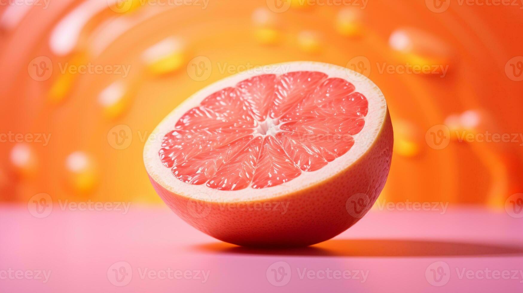 Photo of Grapefruit half against a colorful abstract background. Generative AI