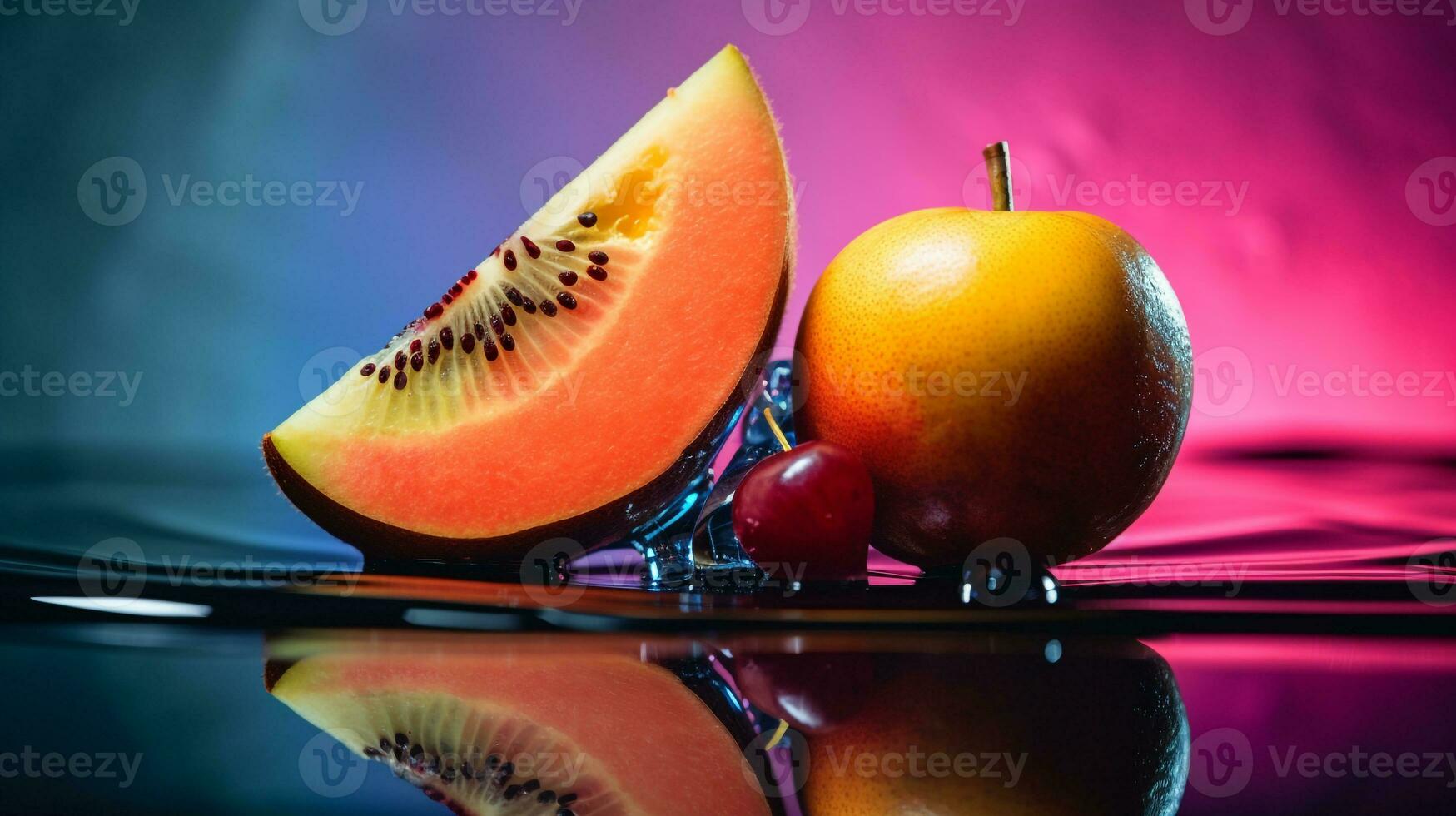 Photo of Rumbia fruit half against a colorful abstract background. Generative AI