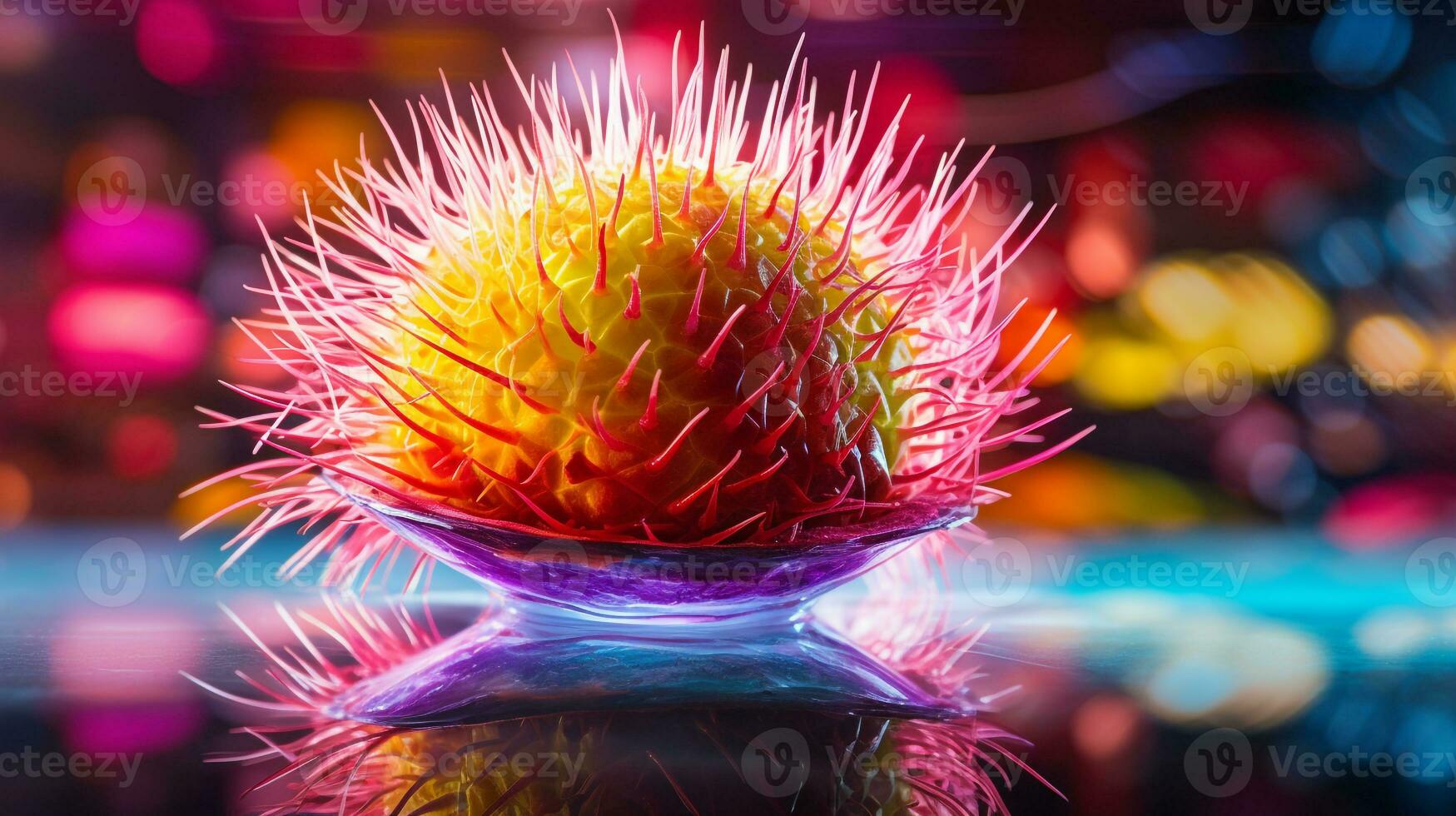 Photo of Rambutan fruit half against a colorful abstract background. Generative AI