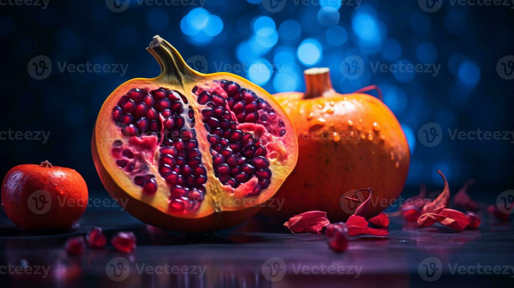 Photo of Pumpkind fruit half against a colorful abstract background. Generative AI