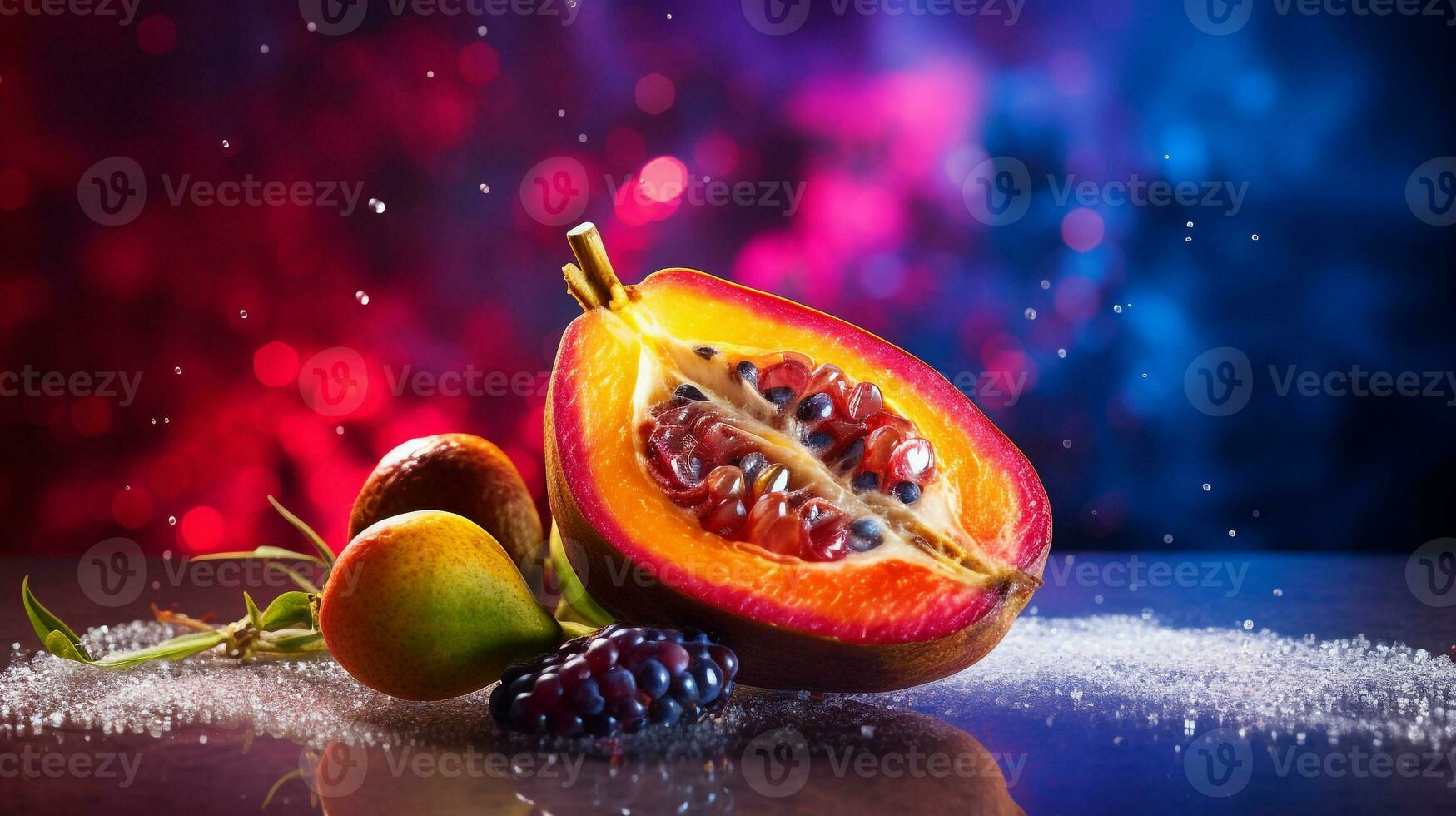 Photo of Duku fruit half against a colorful abstract background. Generative AI