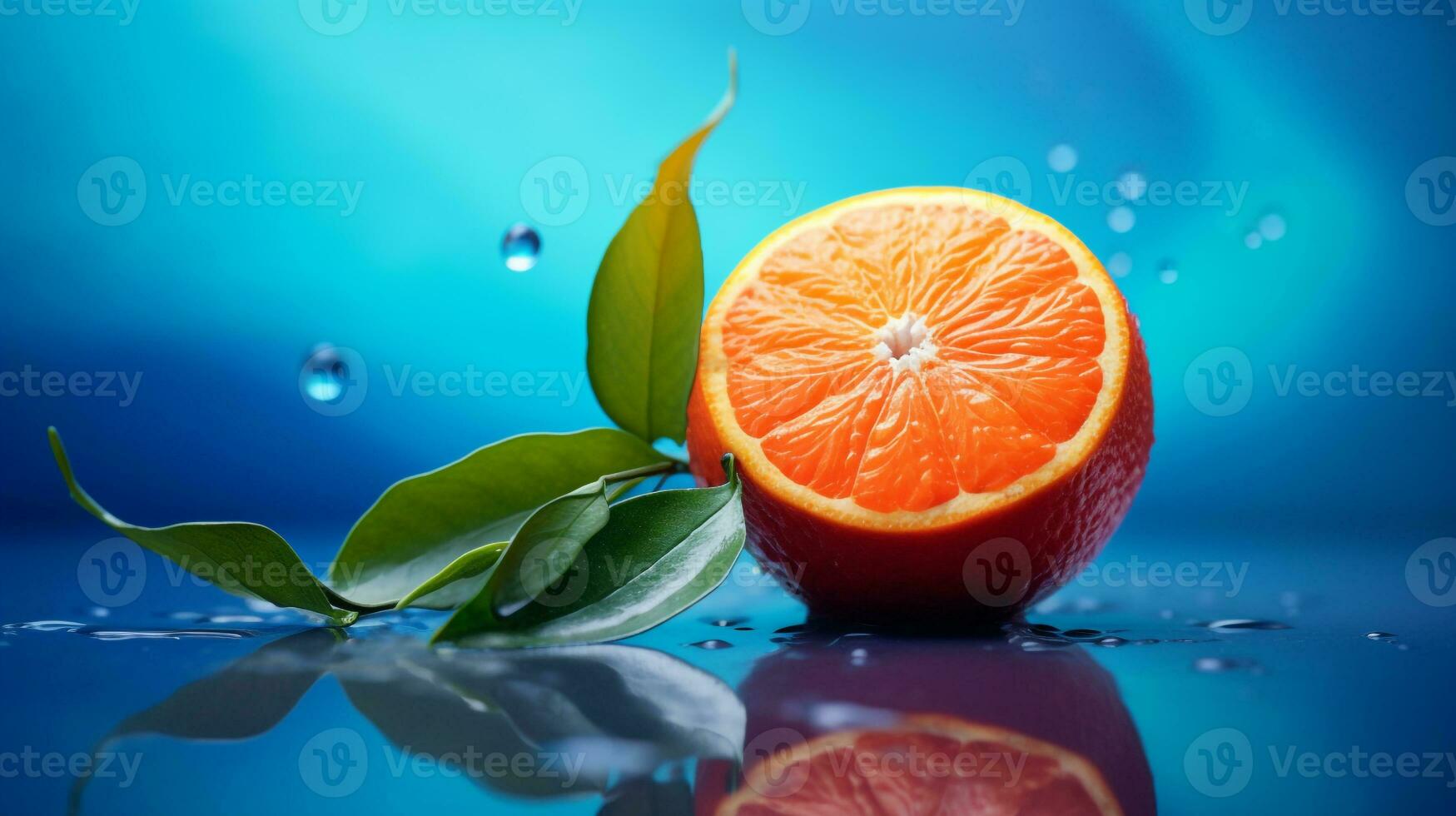 Photo of Tangerine fruit half against a colorful abstract background. Generative AI