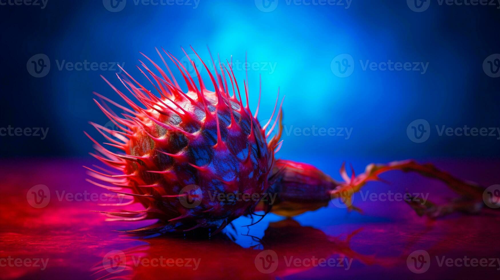 Photo of Thistle fruit half against a colorful abstract background. Generative AI