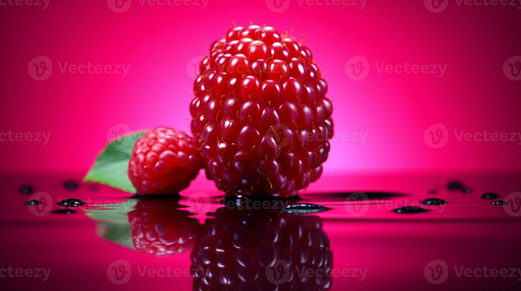 Photo of Raspberry fruit half against a colorful abstract background. Generative AI