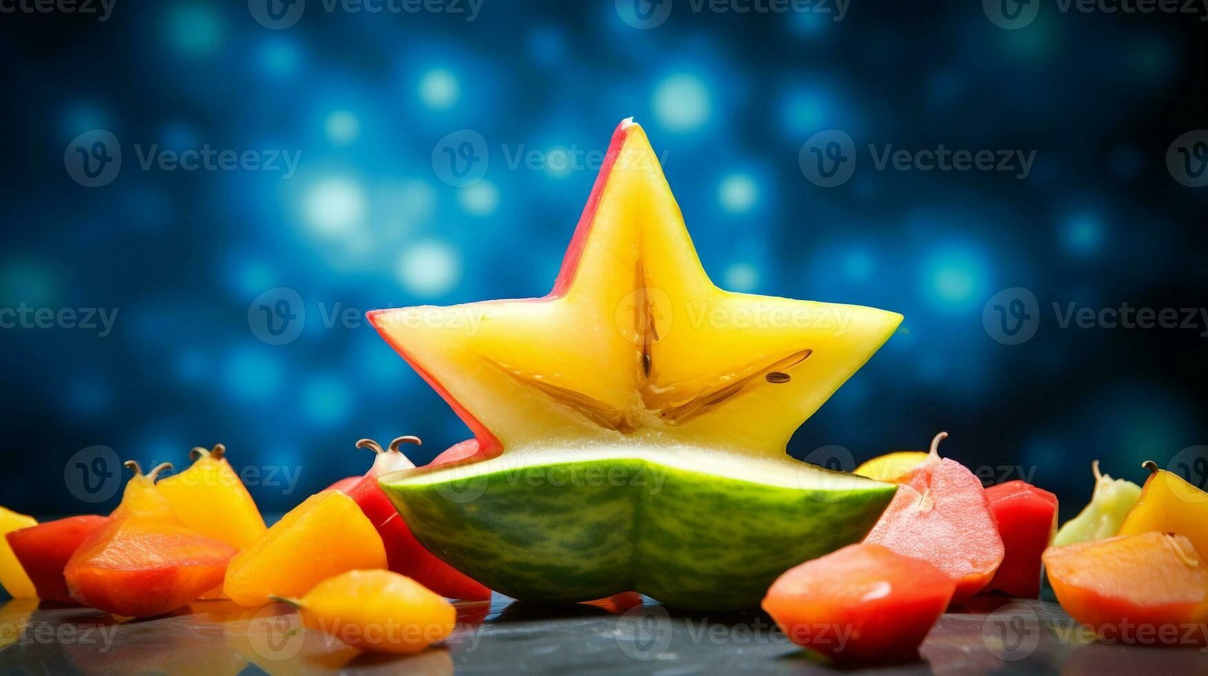 Photo of Starfruit half against a colorful abstract background. Generative AI