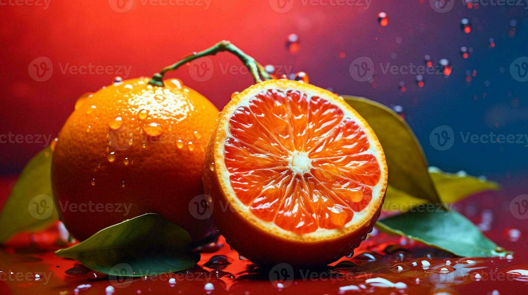 Photo of Satsuma fruit half against a colorful abstract background. Generative AI