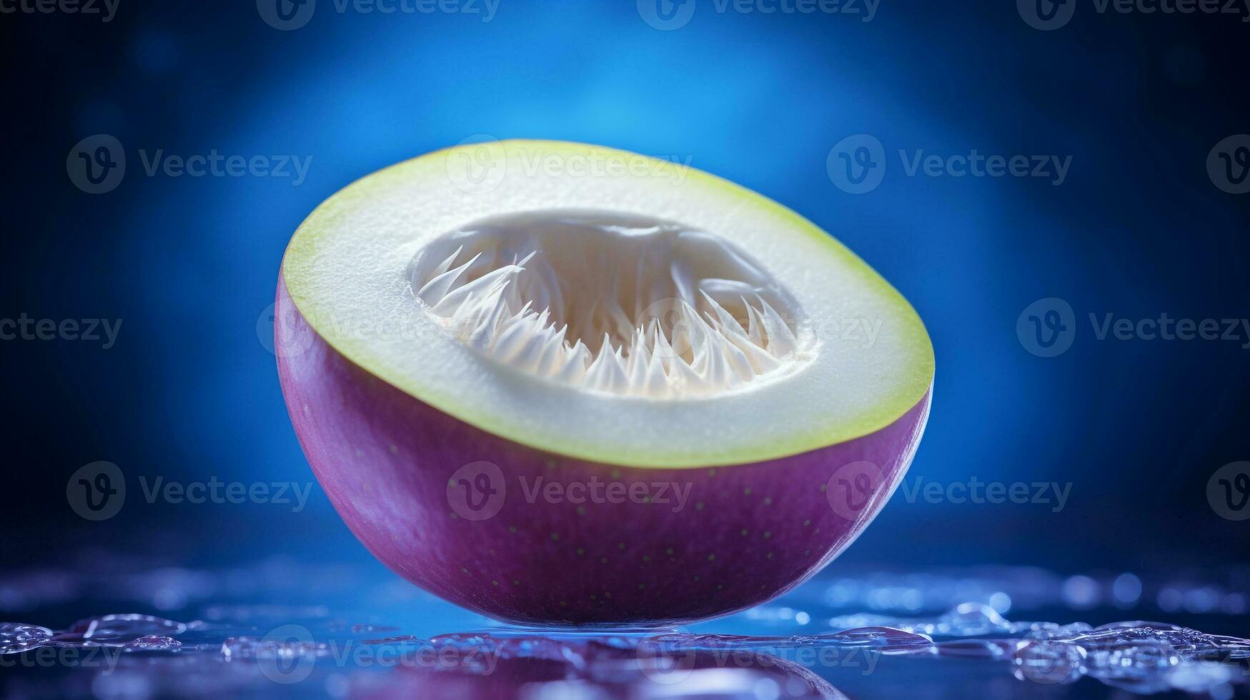 Photo of White sapote fruit half against a colorful abstract background. Generative AI