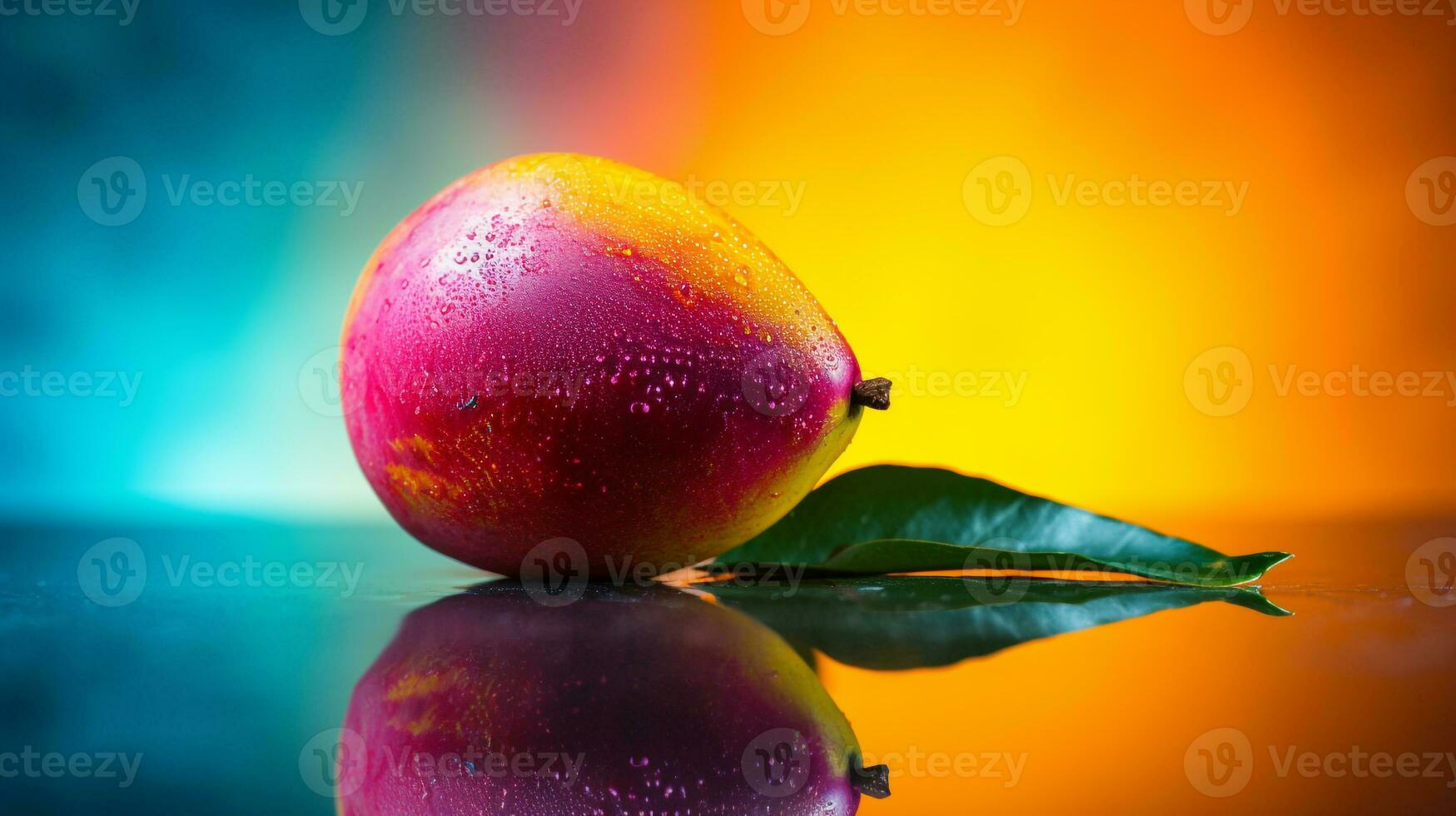 Photo of Mango fruit half against a colorful abstract background. Generative AI