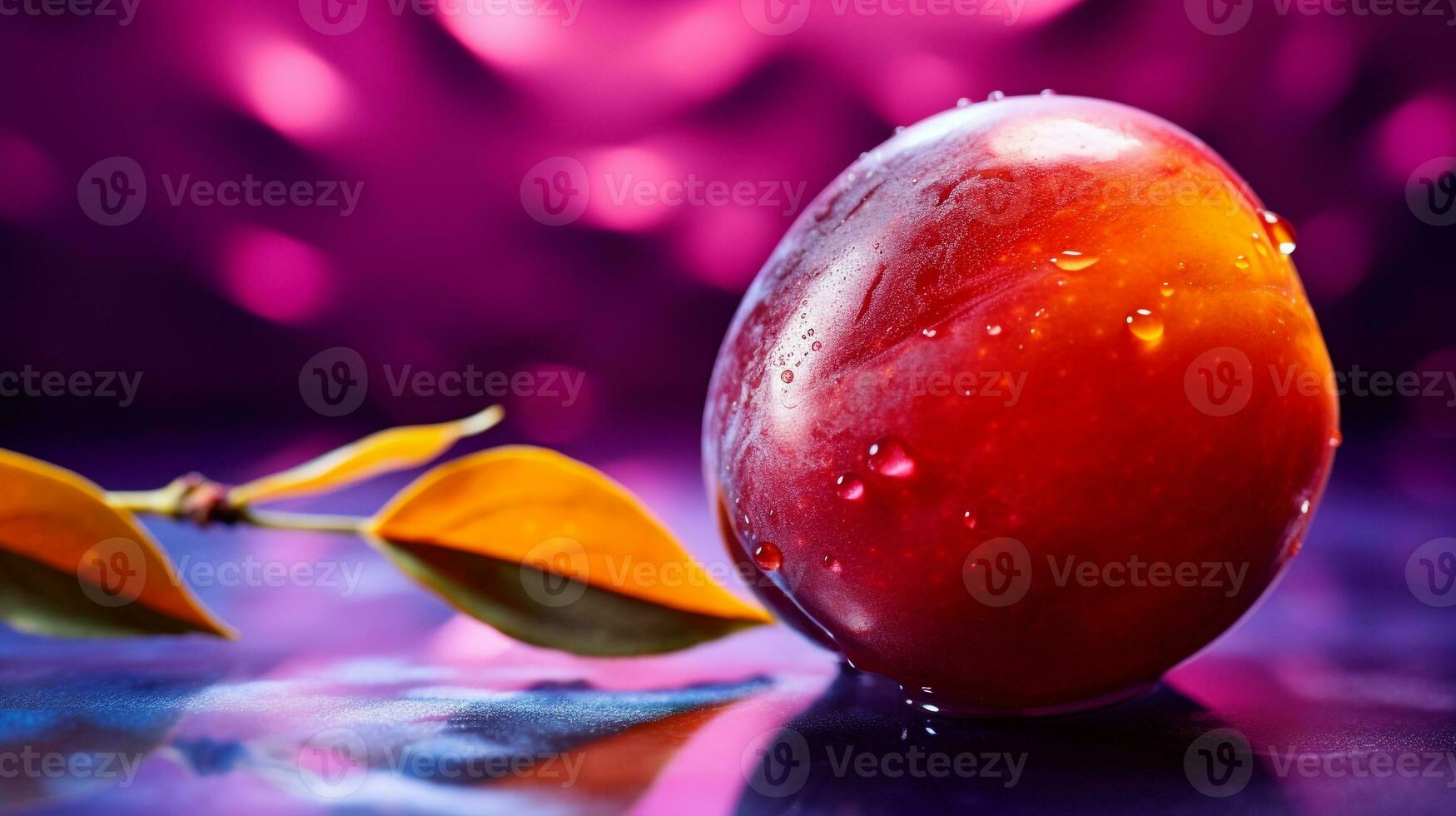 Photo of Marian plum fruit half against a colorful abstract background. Generative AI