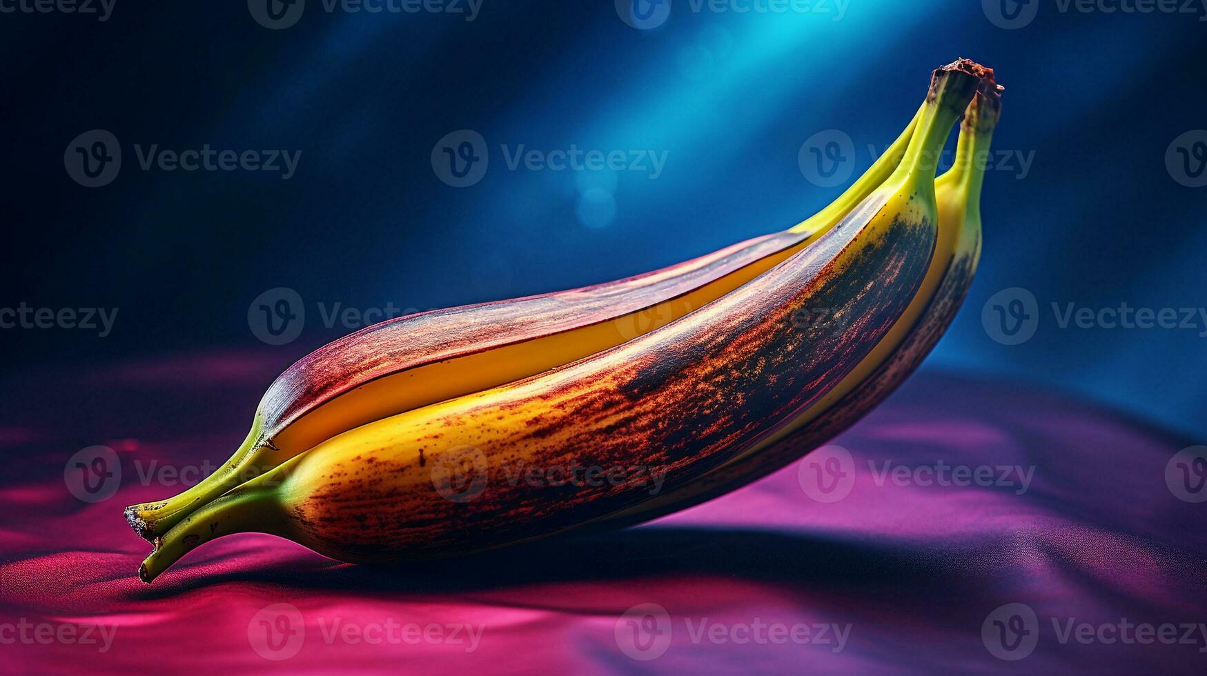 Photo of Plantain fruit half against a colorful abstract background. Generative AI