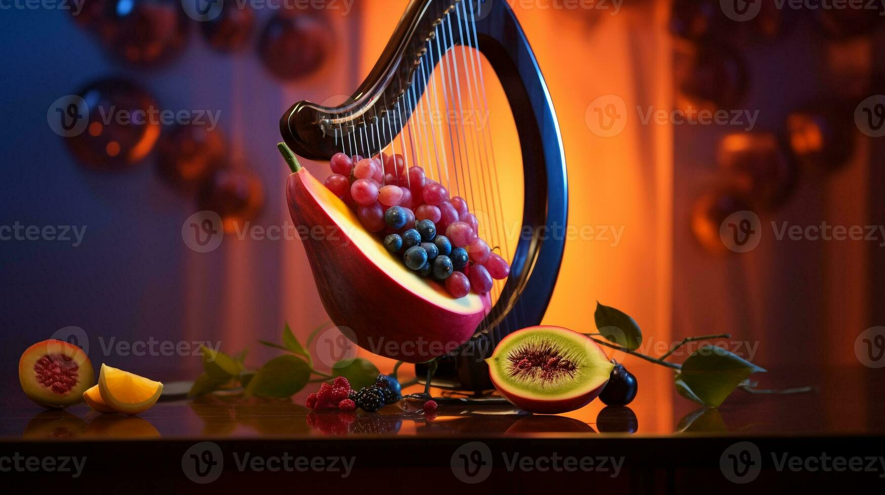 Photo of Lyre fruit half against a colorful abstract background. Generative AI
