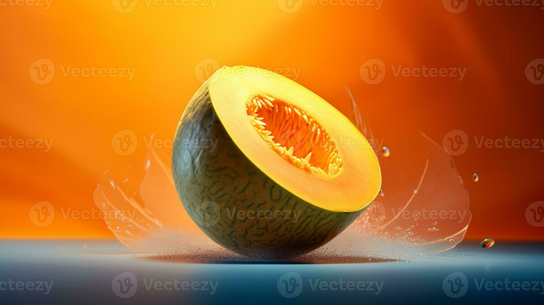 Photo of Melon fruit half against a colorful abstract background. Generative AI