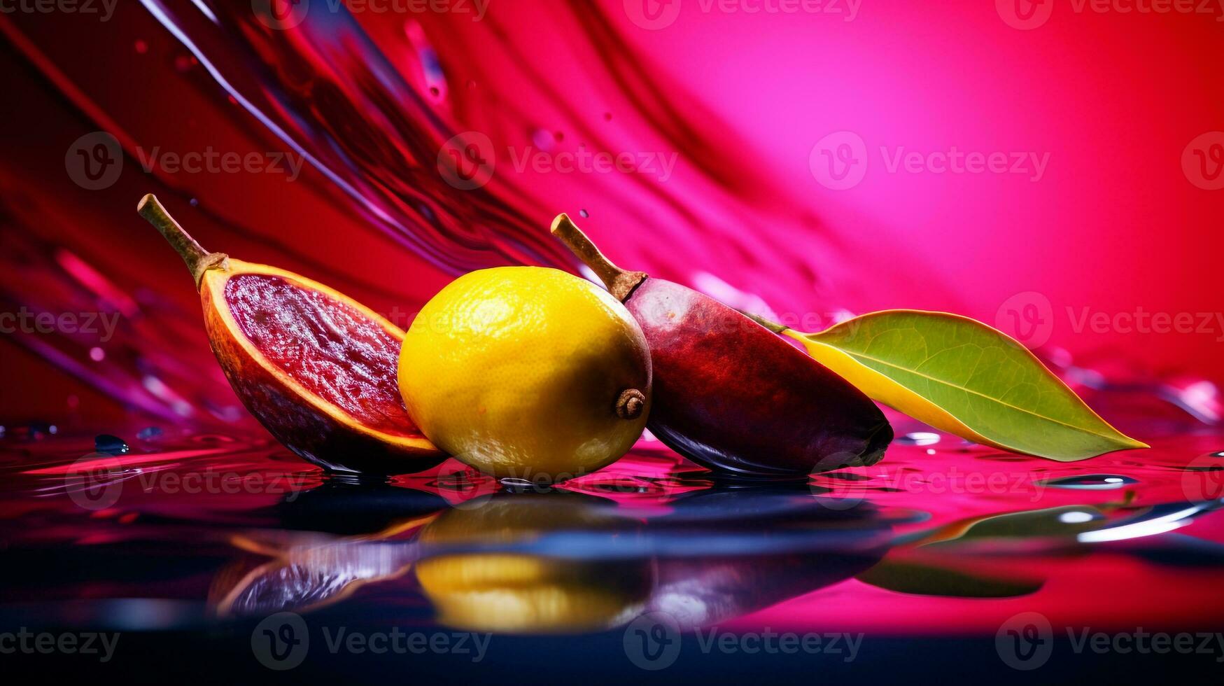 Photo of Miracle fruit half against a colorful abstract background. Generative AI