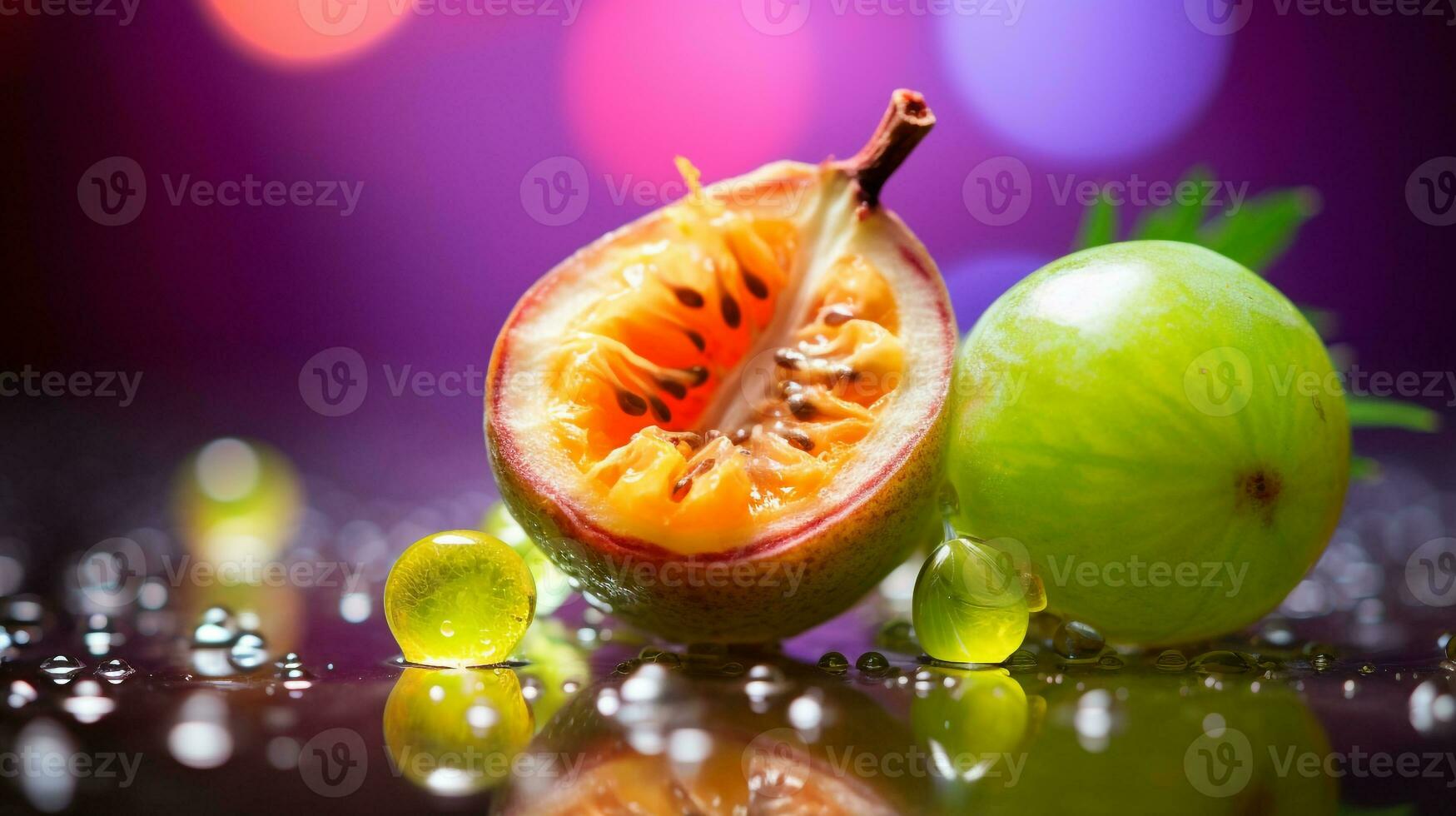 Photo of Otaheite gooseberry fruit half against a colorful abstract background. Generative AI