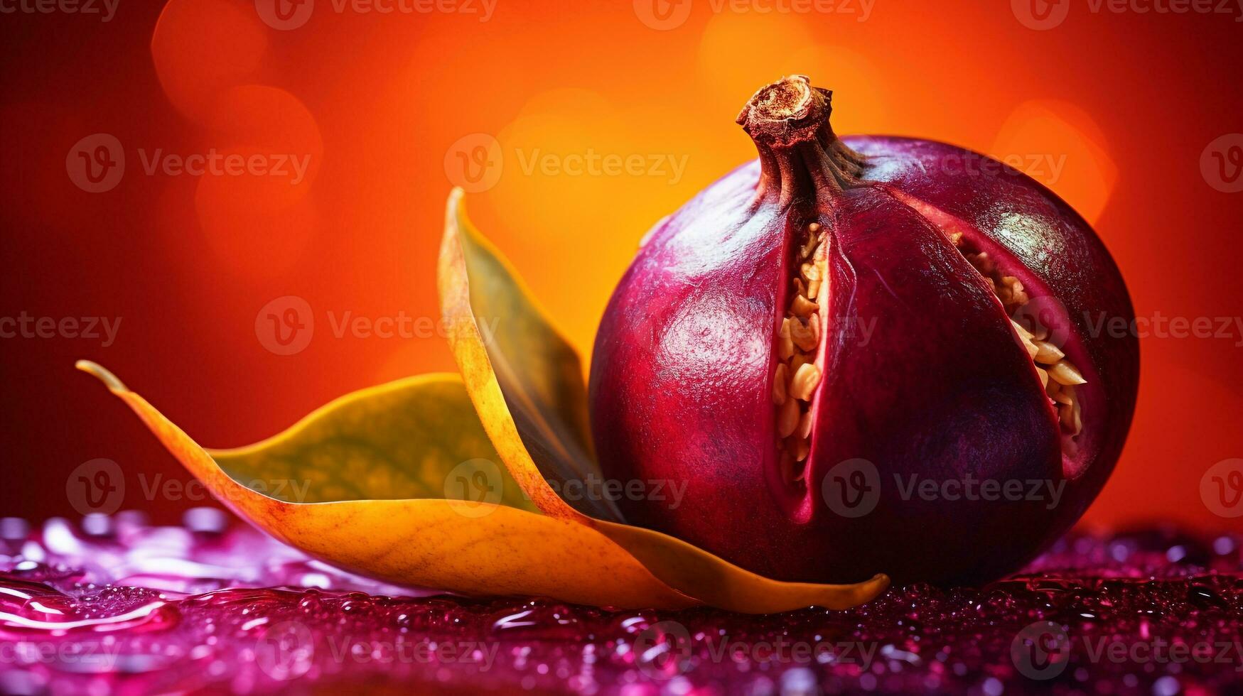 Photo of Mangosteen fruit half against a colorful abstract background. Generative AI