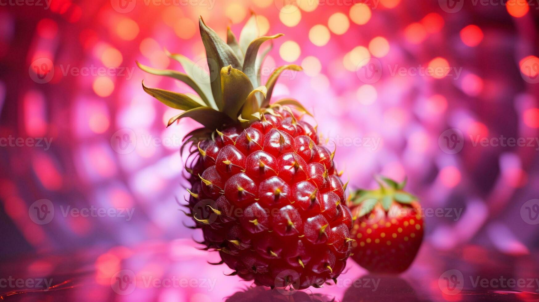 Photo of Pineberry fruit half against a colorful abstract background. Generative AI