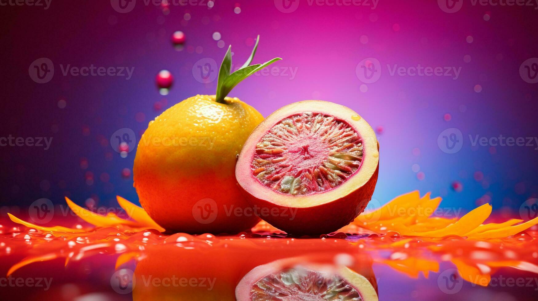 Photo of Mundu fruit half against a colorful abstract background. Generative AI