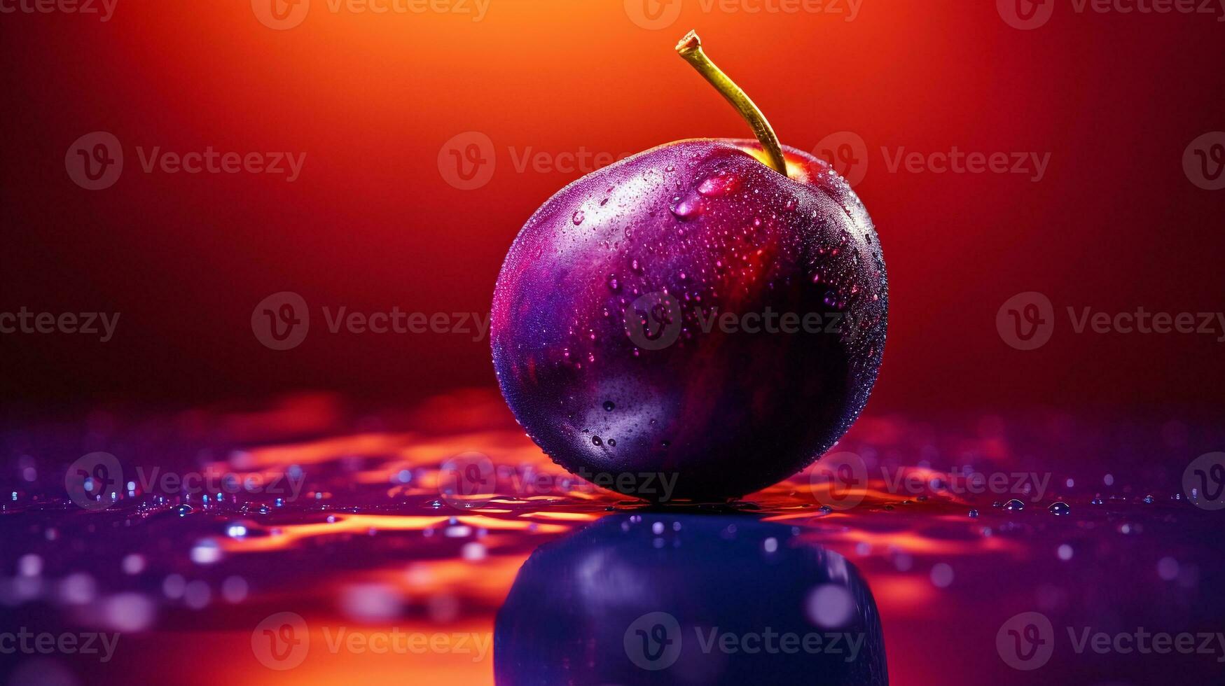 Photo of Plum fruit half against a colorful abstract background. Generative AI