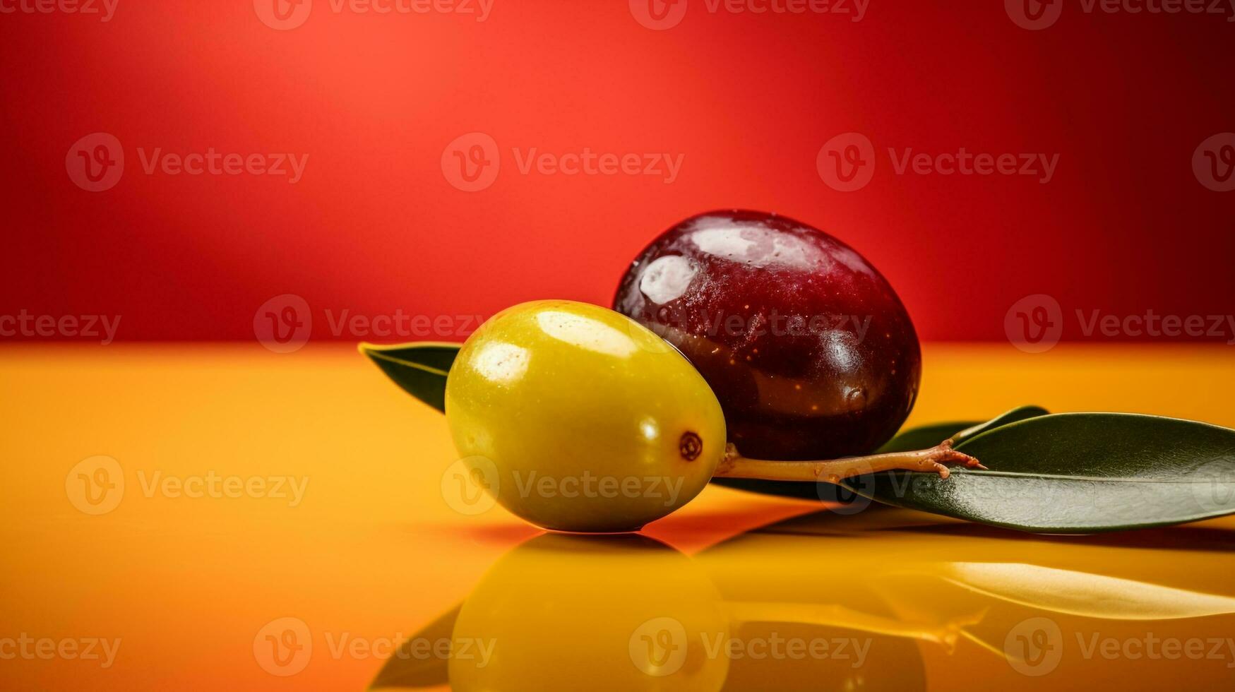 Photo of Olive fruit half against a colorful abstract background. Generative AI