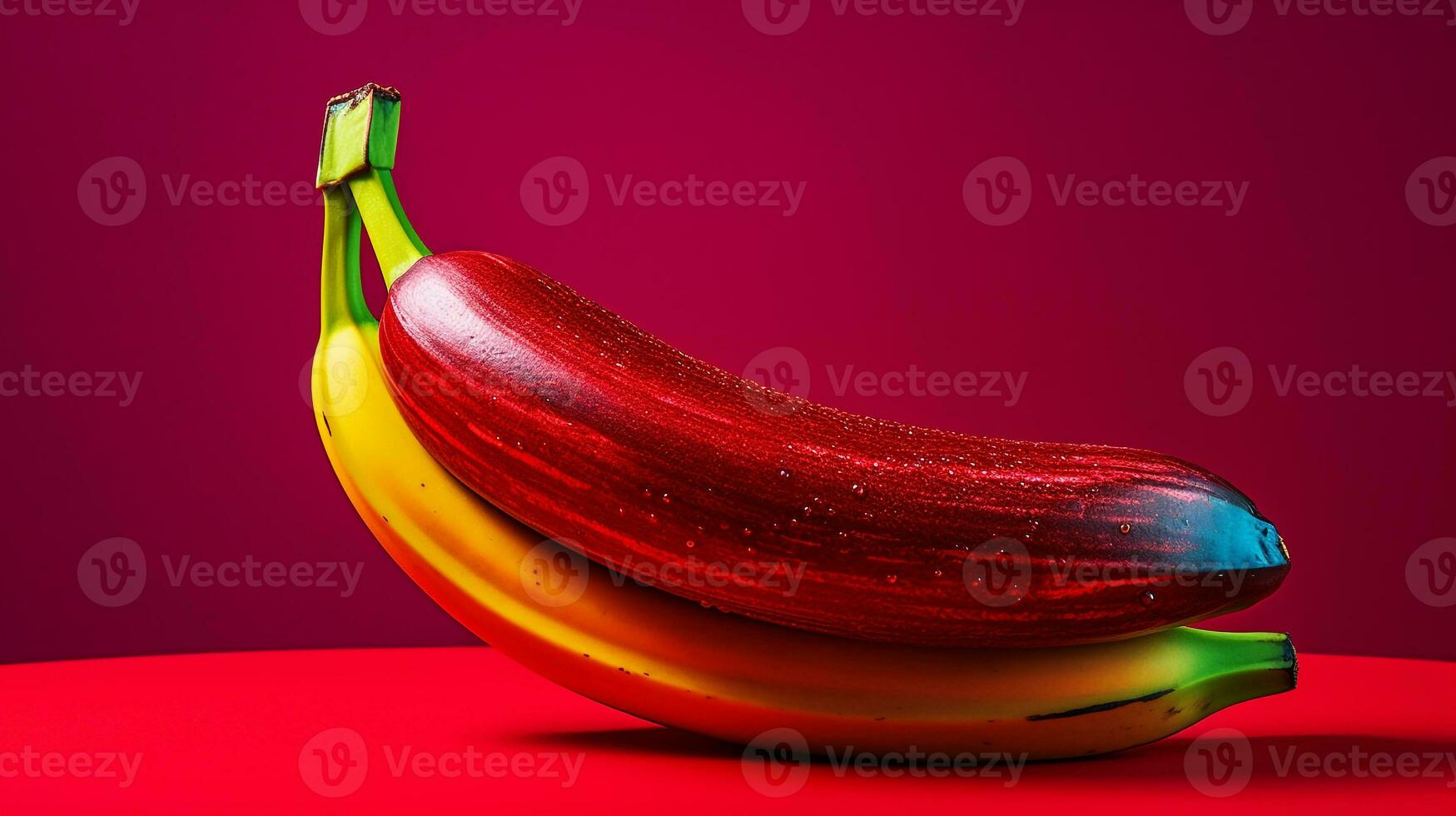Photo of Red banana fruit half against a colorful abstract background. Generative AI
