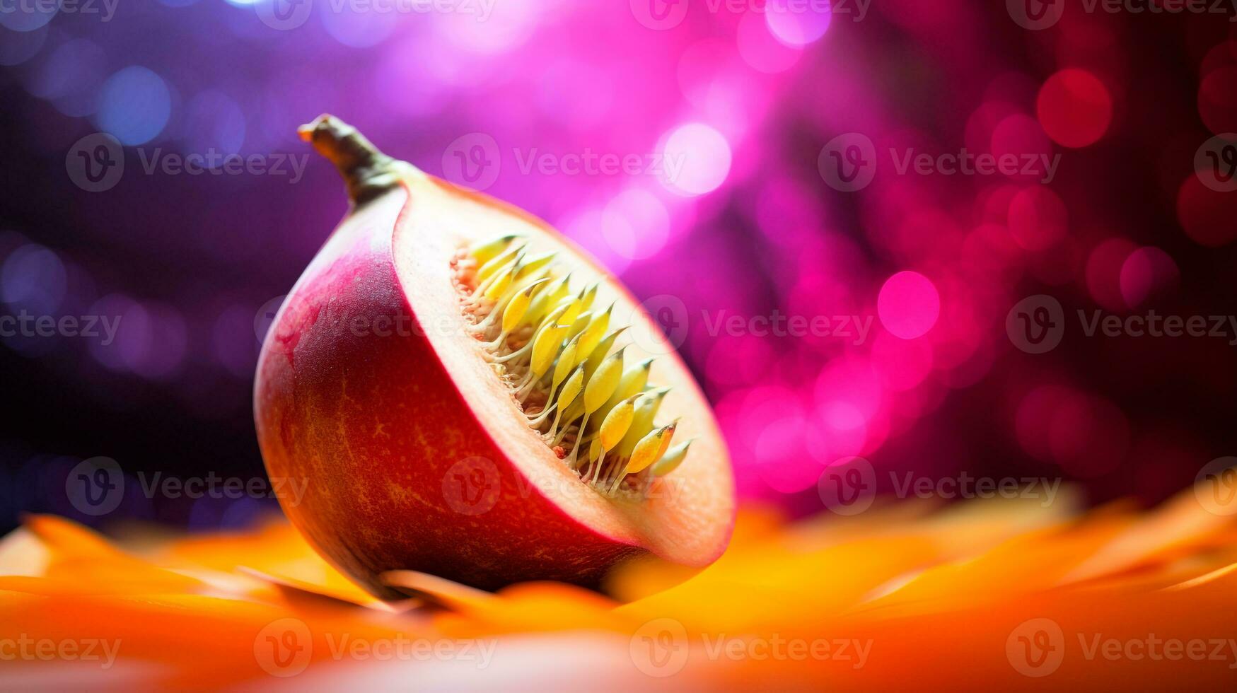 Photo of Mundu fruit half against a colorful abstract background. Generative AI