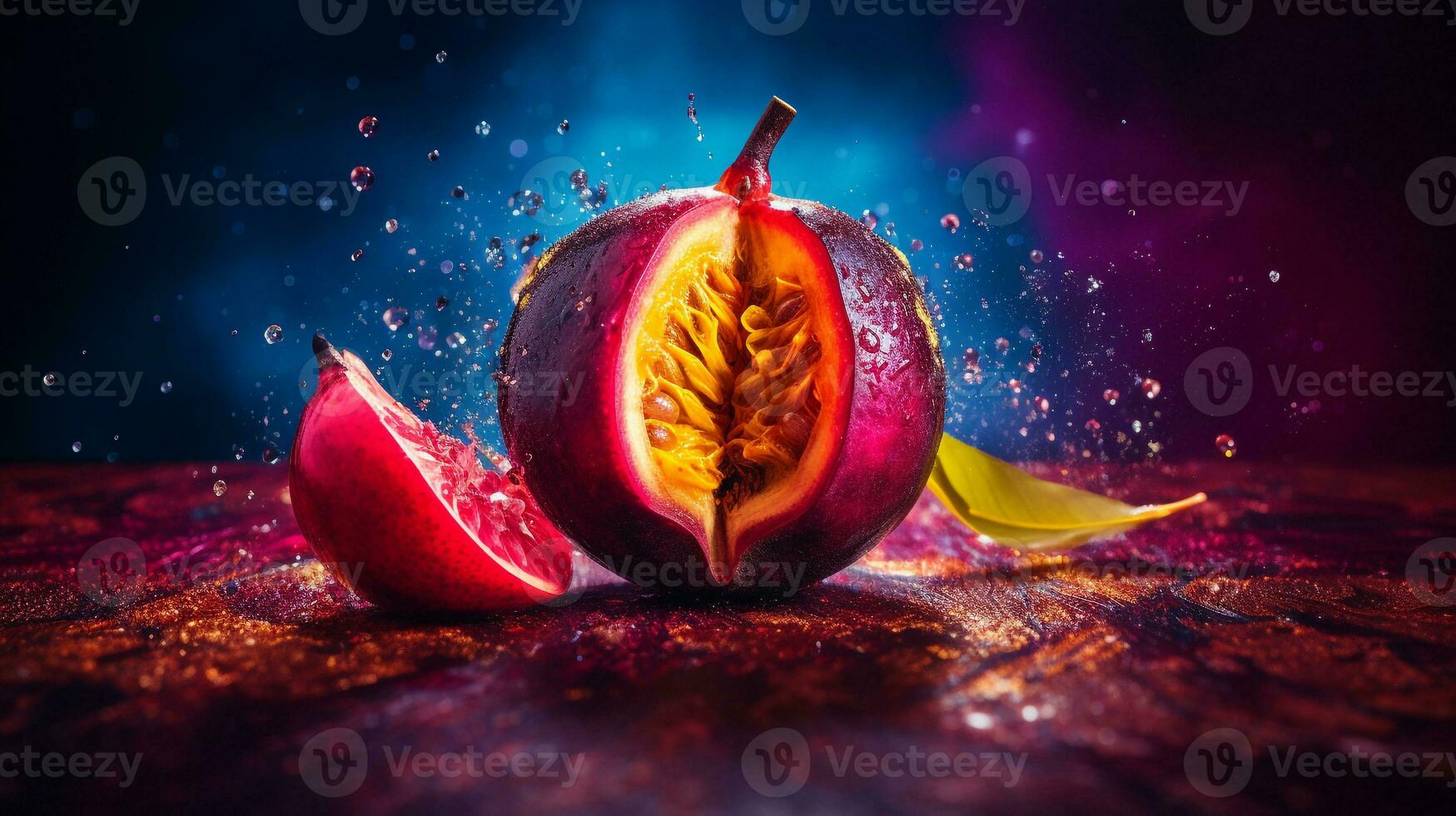 Photo of Pitomba fruit half against a colorful abstract background. Generative AI