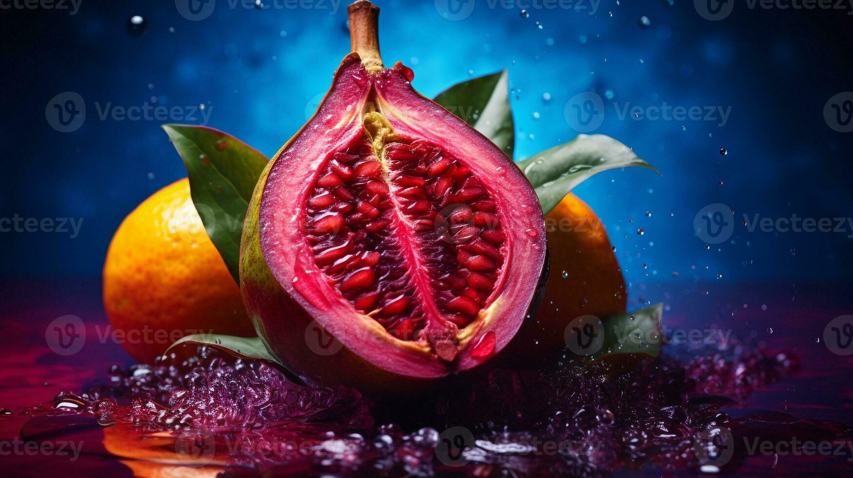 Photo of Pitomba fruit half against a colorful abstract background. Generative AI