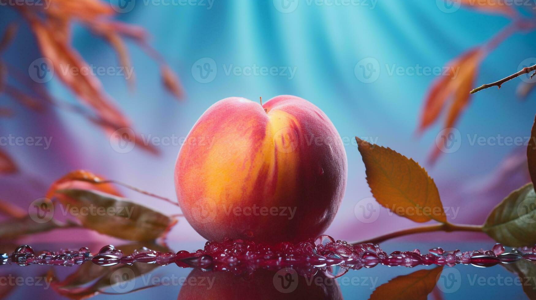 Photo of Peach fruit half against a colorful abstract background. Generative AI