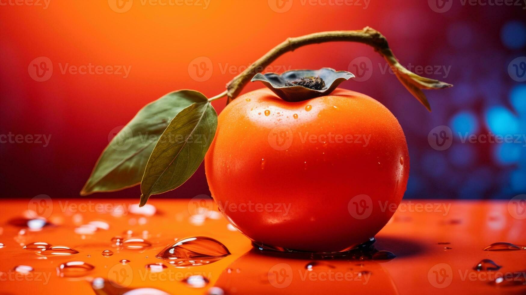 Photo of Persimmon fruit half against a colorful abstract background. Generative AI