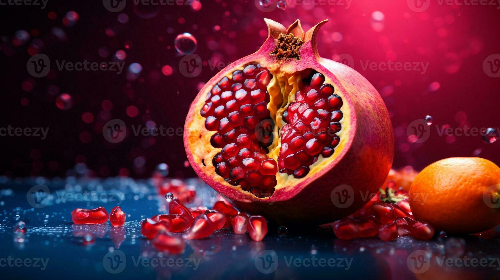 Photo of Pomegranate fruit half against a colorful abstract background. Generative AI