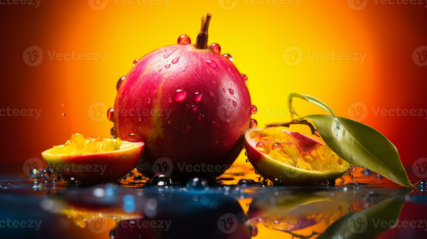 Photo of Miracle fruit half against a colorful abstract background. Generative AI