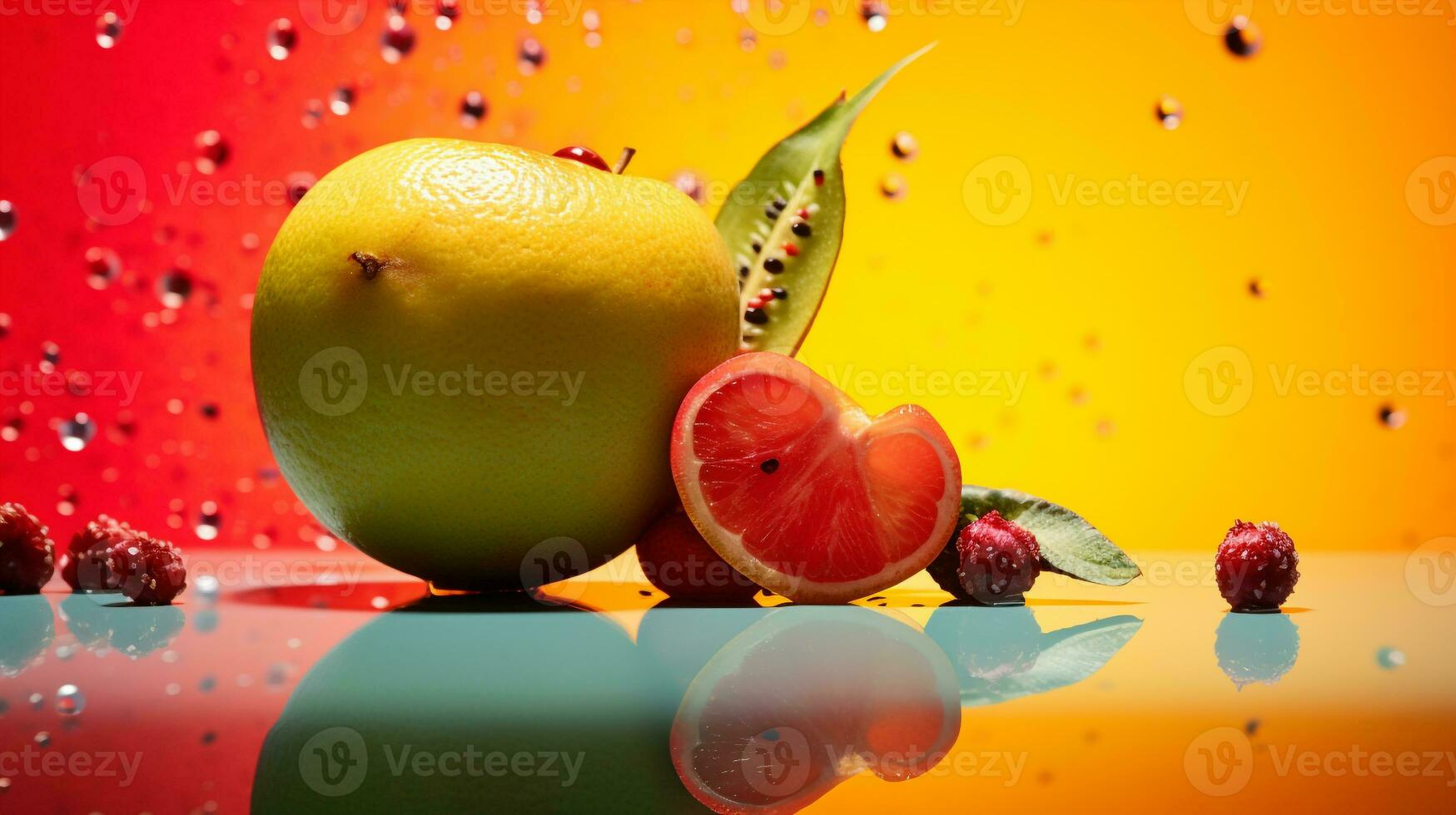 Photo of Pitomba fruit half against a colorful abstract background. Generative AI
