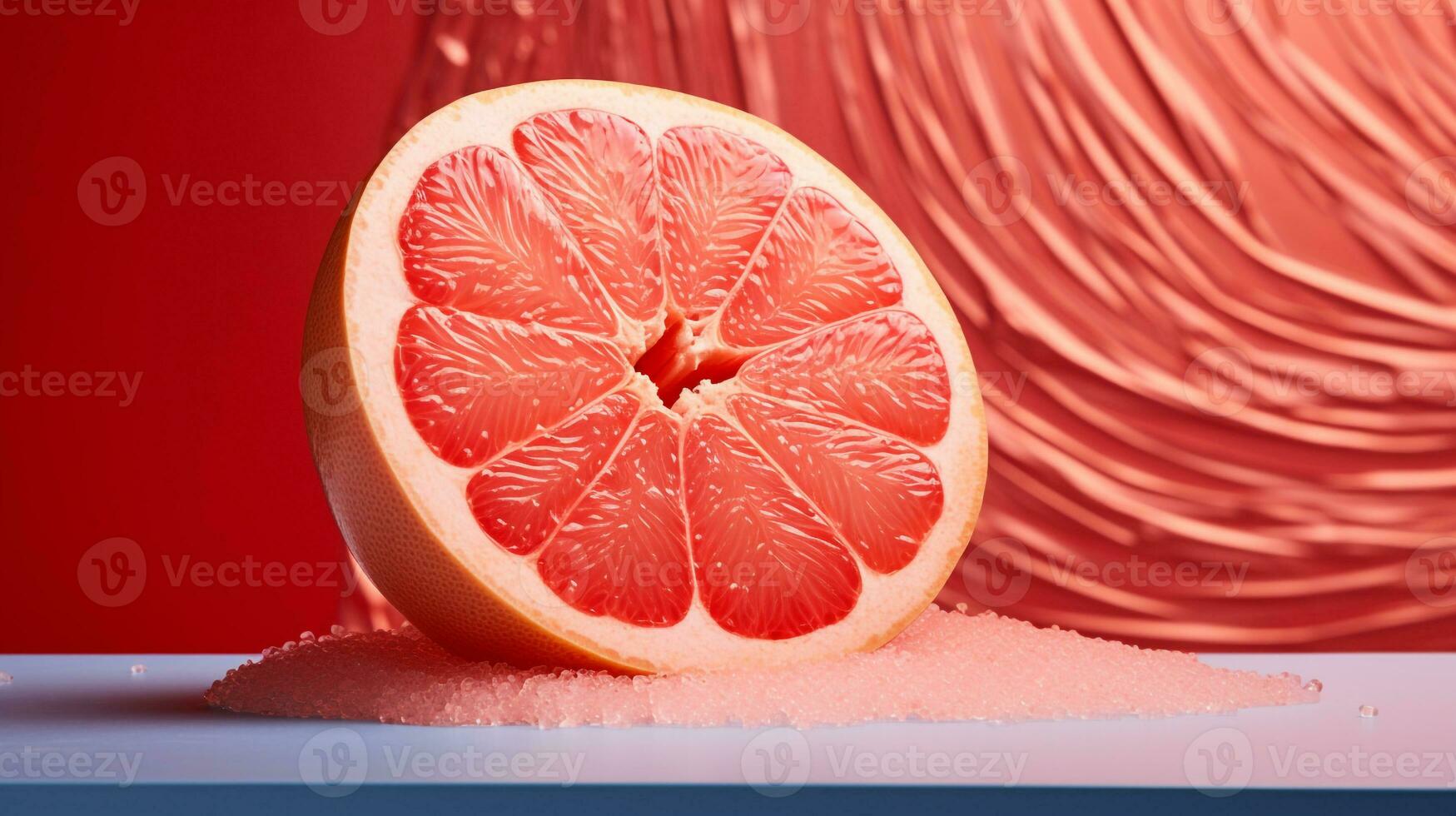 Photo of Pomelo fruit half against a colorful abstract background. Generative AI