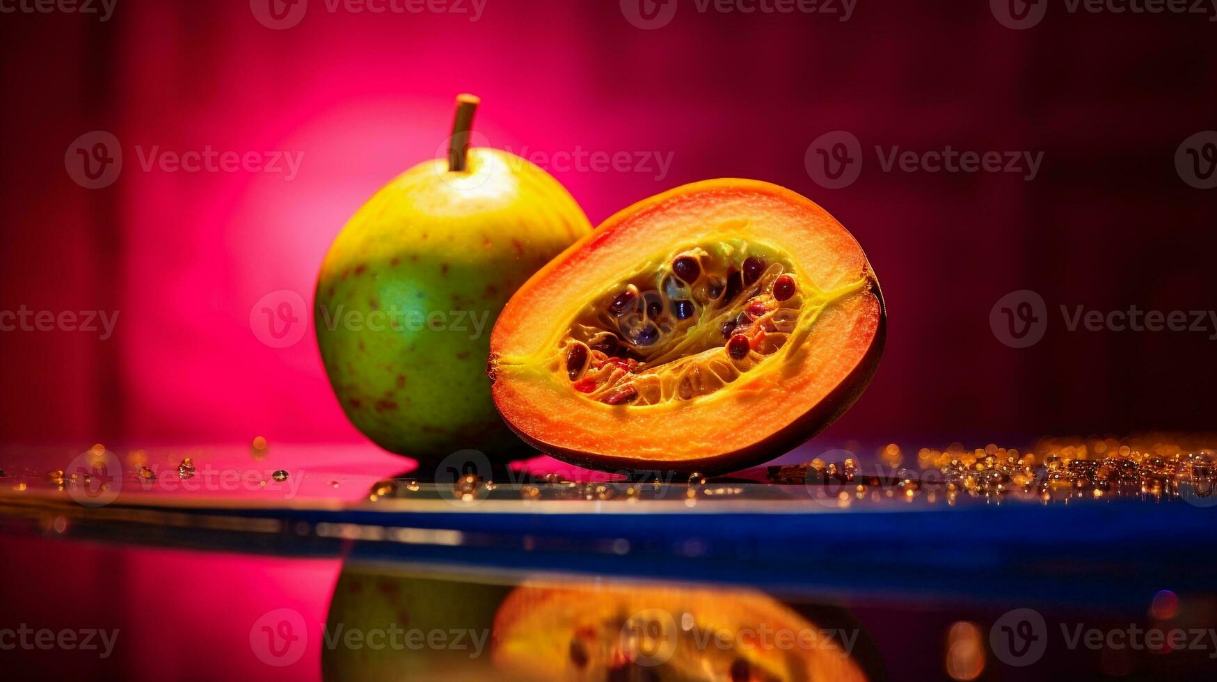 Photo of Matoa fruit half against a colorful abstract background. Generative AI