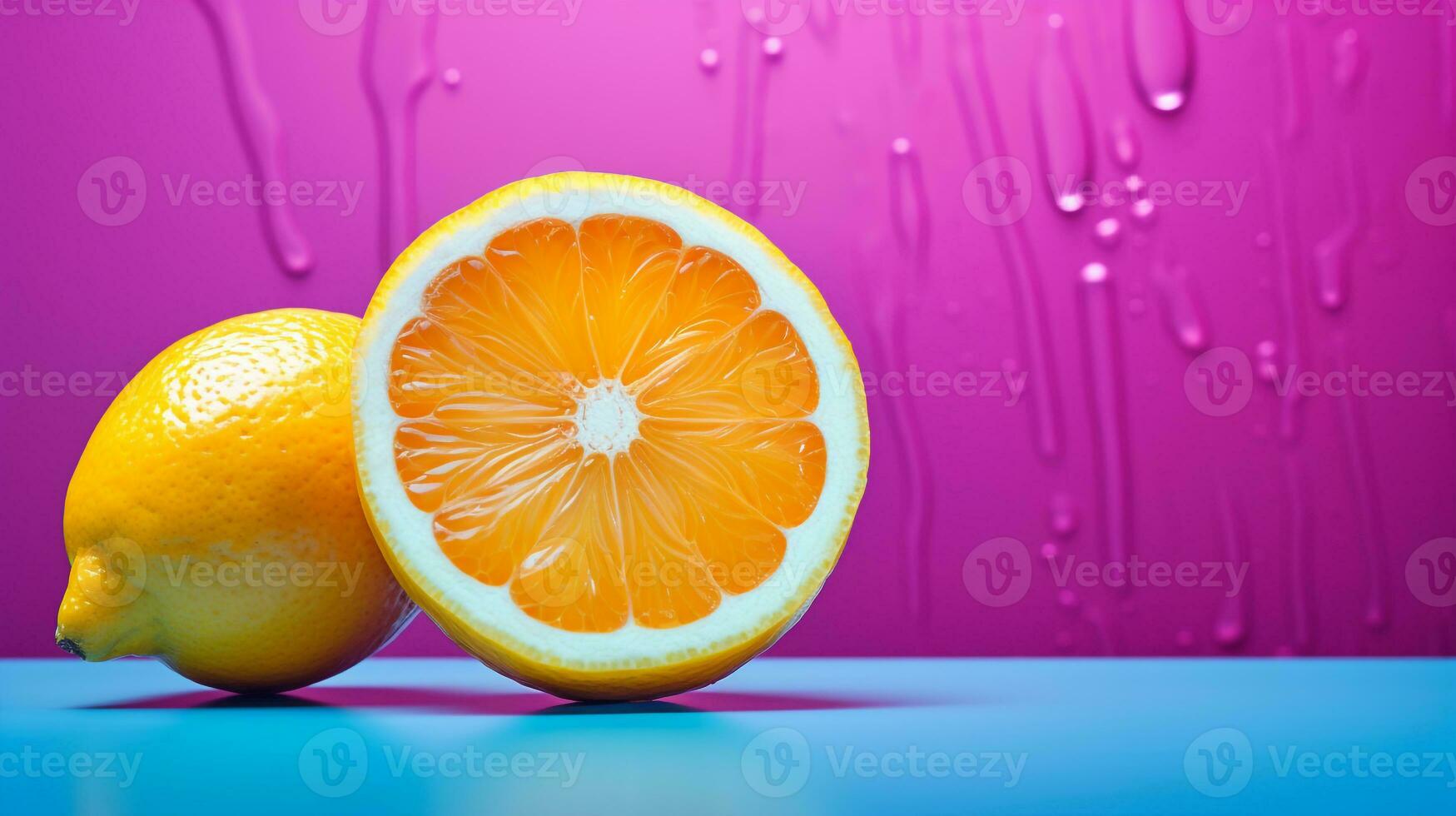 Photo of Lemon fruit half against a colorful abstract background. Generative AI