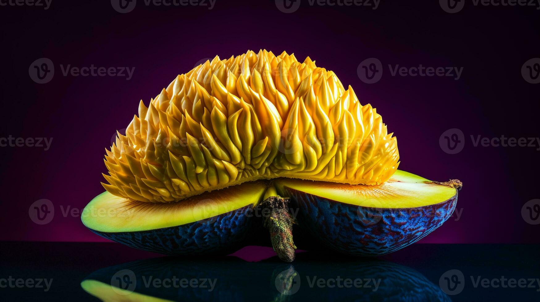 Photo of Jackfruit half against a colorful abstract background. Generative AI