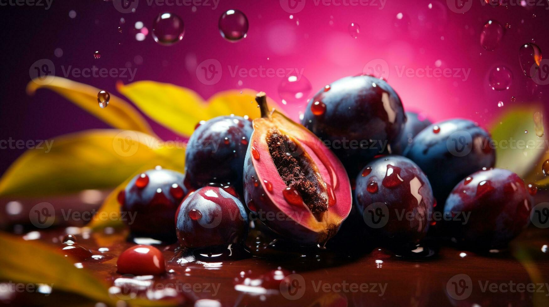 Photo of Jaboticaba fruit half against a colorful abstract background. Generative AI