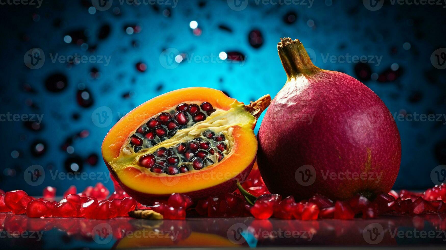 foto de gowok Fruta medio en contra un vistoso resumen antecedentes. generativo ai