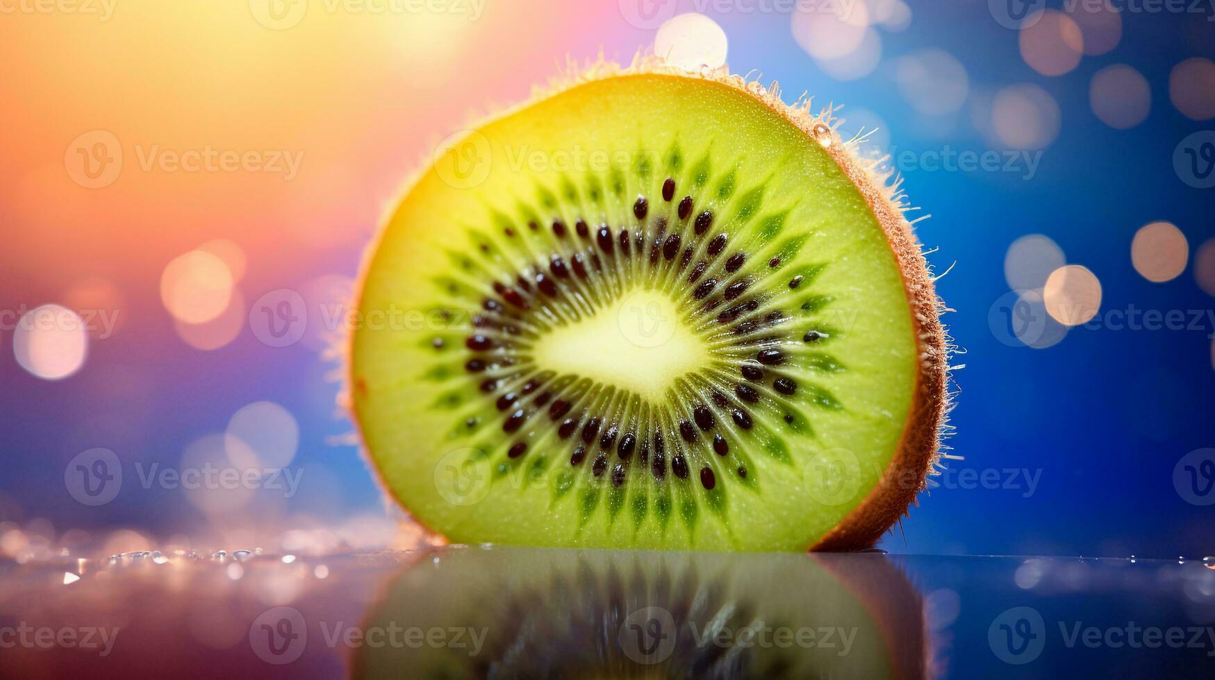 foto de kiwi Fruta medio en contra un vistoso resumen antecedentes. generativo ai