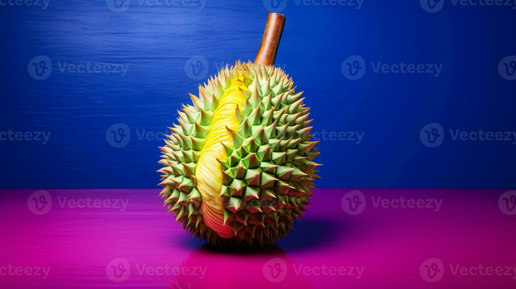 Photo of Durian fruit half against a colorful abstract background. Generative AI