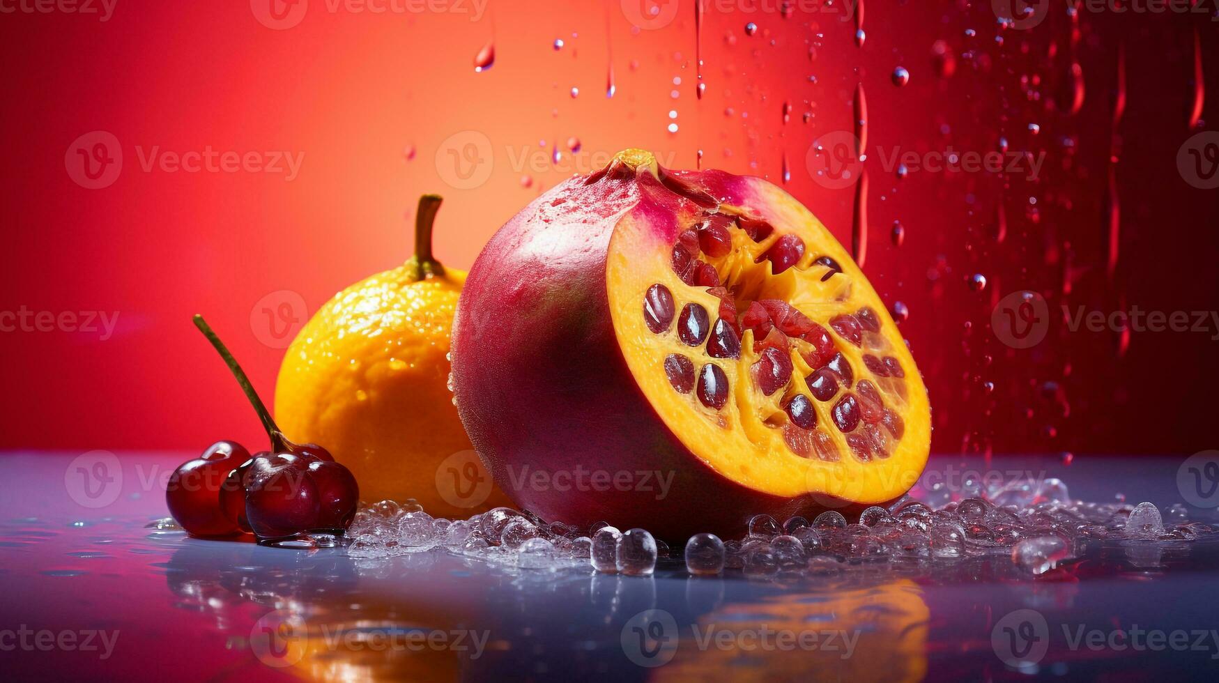 Photo of Gowok fruit half against a colorful abstract background. Generative AI