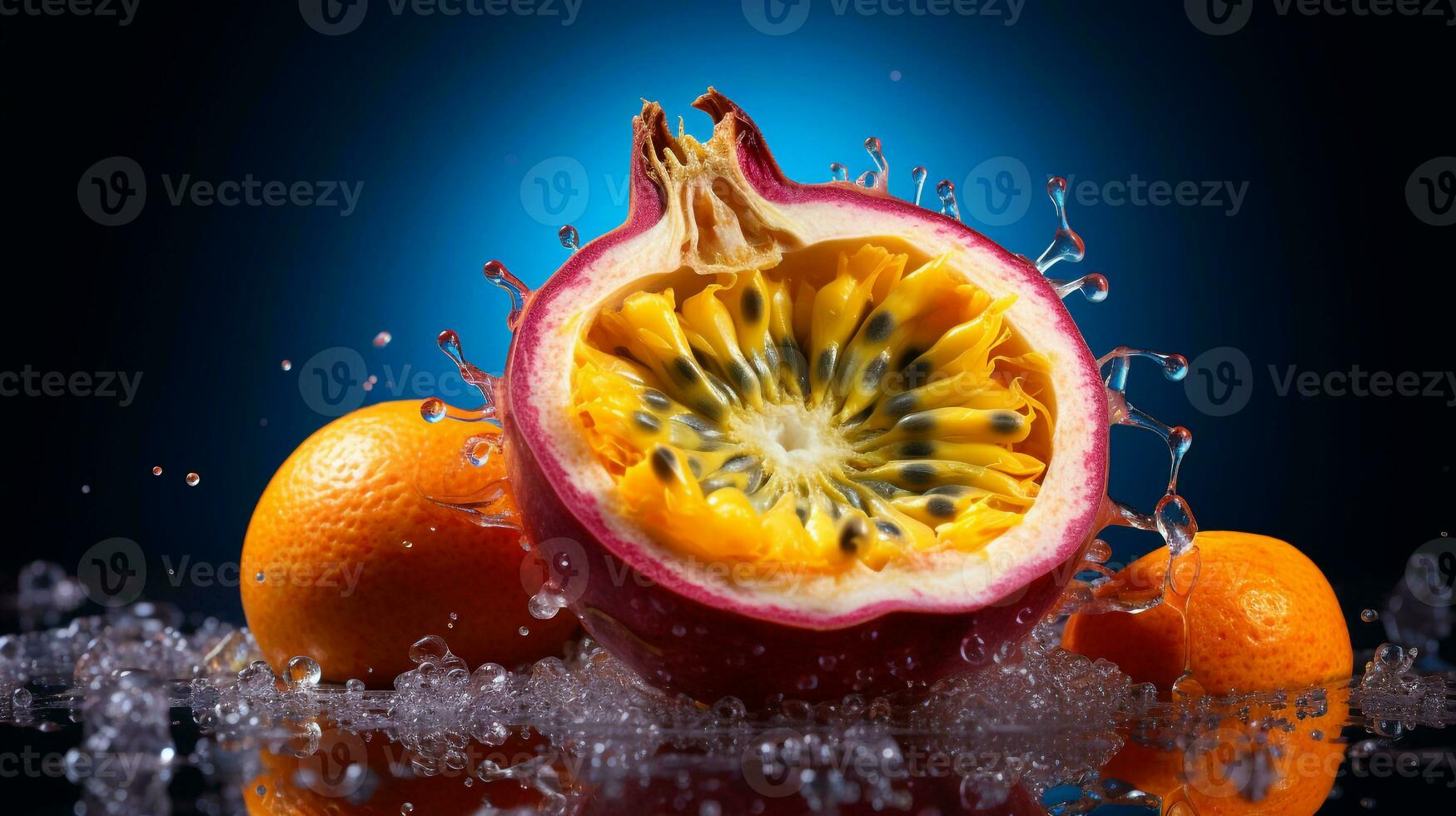foto de maracuyá Fruta medio en contra un vistoso resumen antecedentes. generativo ai