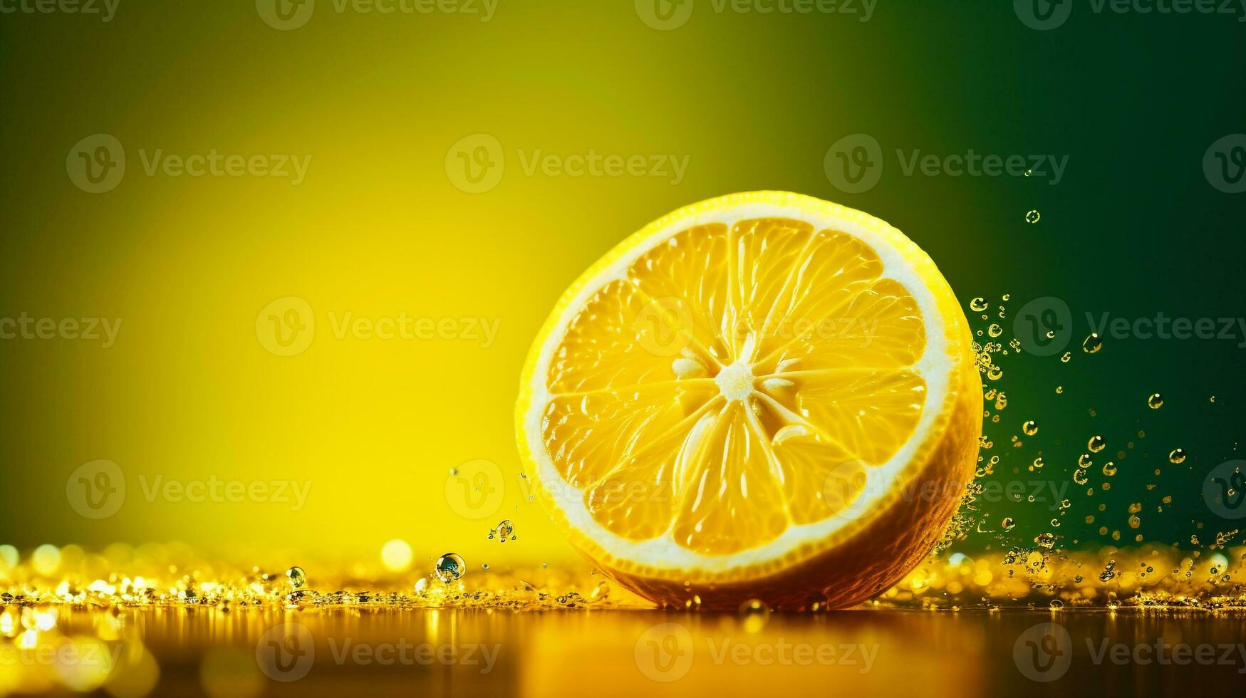 Photo of Lemon fruit half against a colorful abstract background. Generative AI