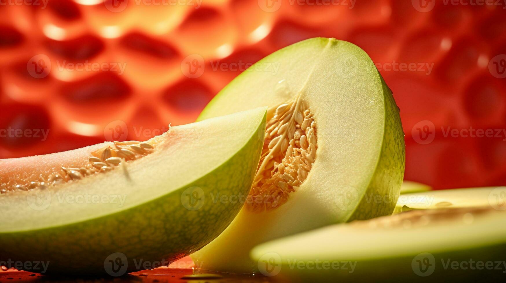 Photo of Honeydew fruit half against a colorful abstract background. Generative AI