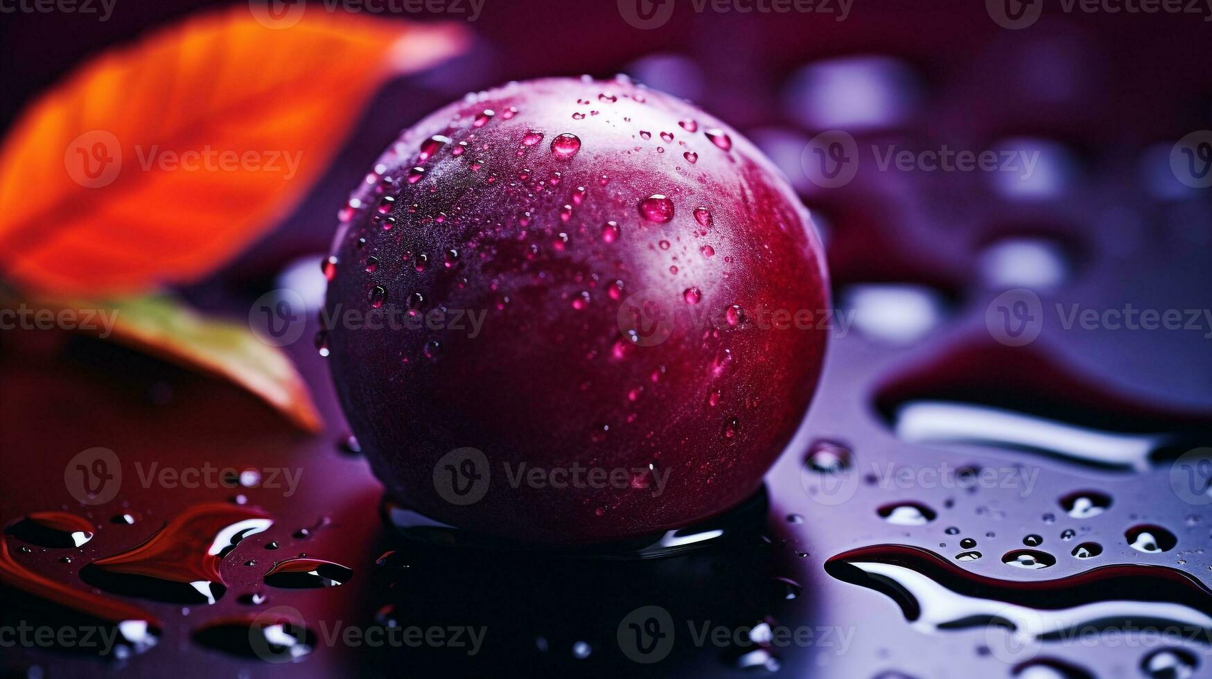 Photo of Japanese plum fruit half against a colorful abstract background. Generative AI