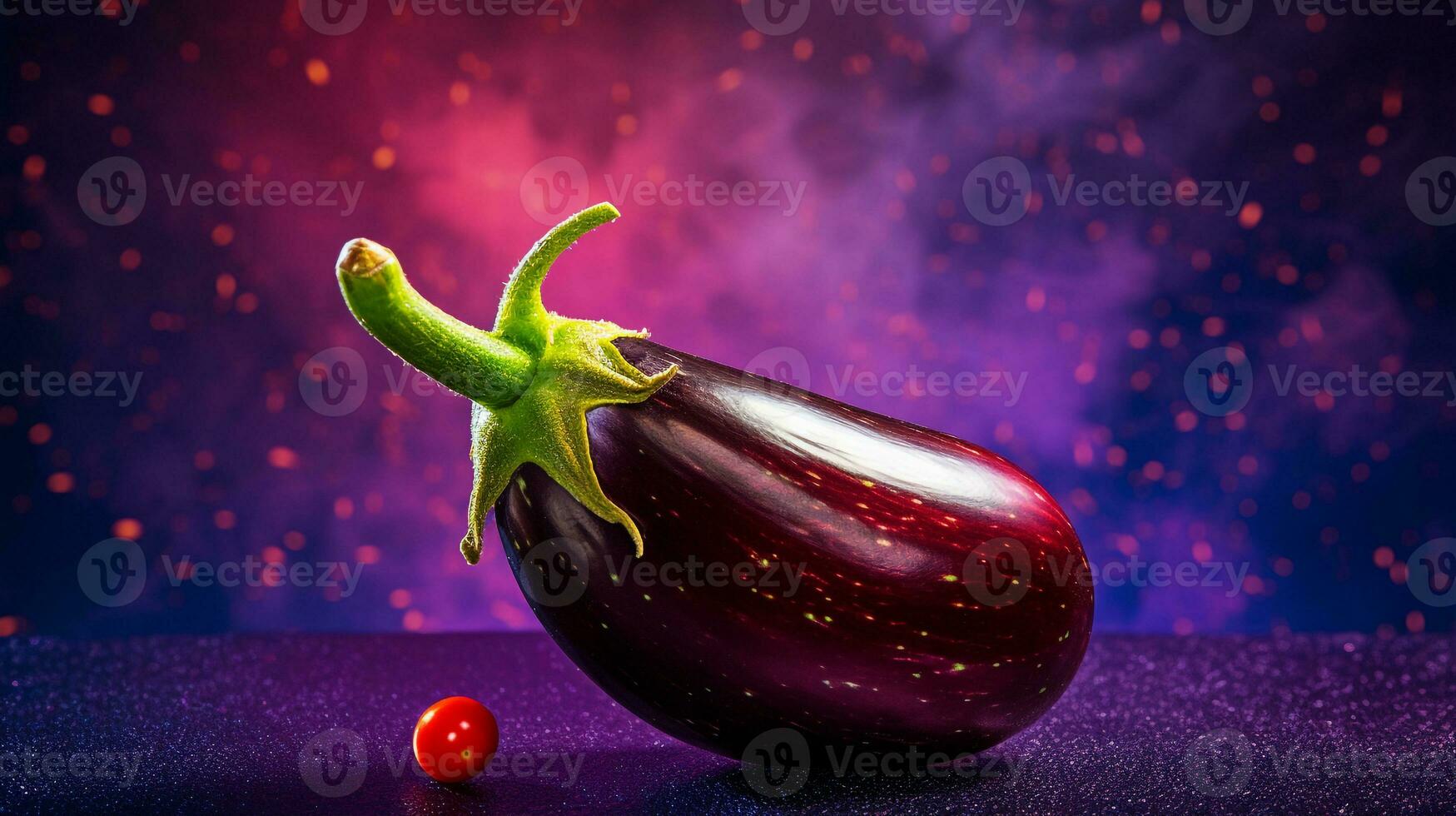 Photo of Eggplant fruit half against a colorful abstract background. Generative AI